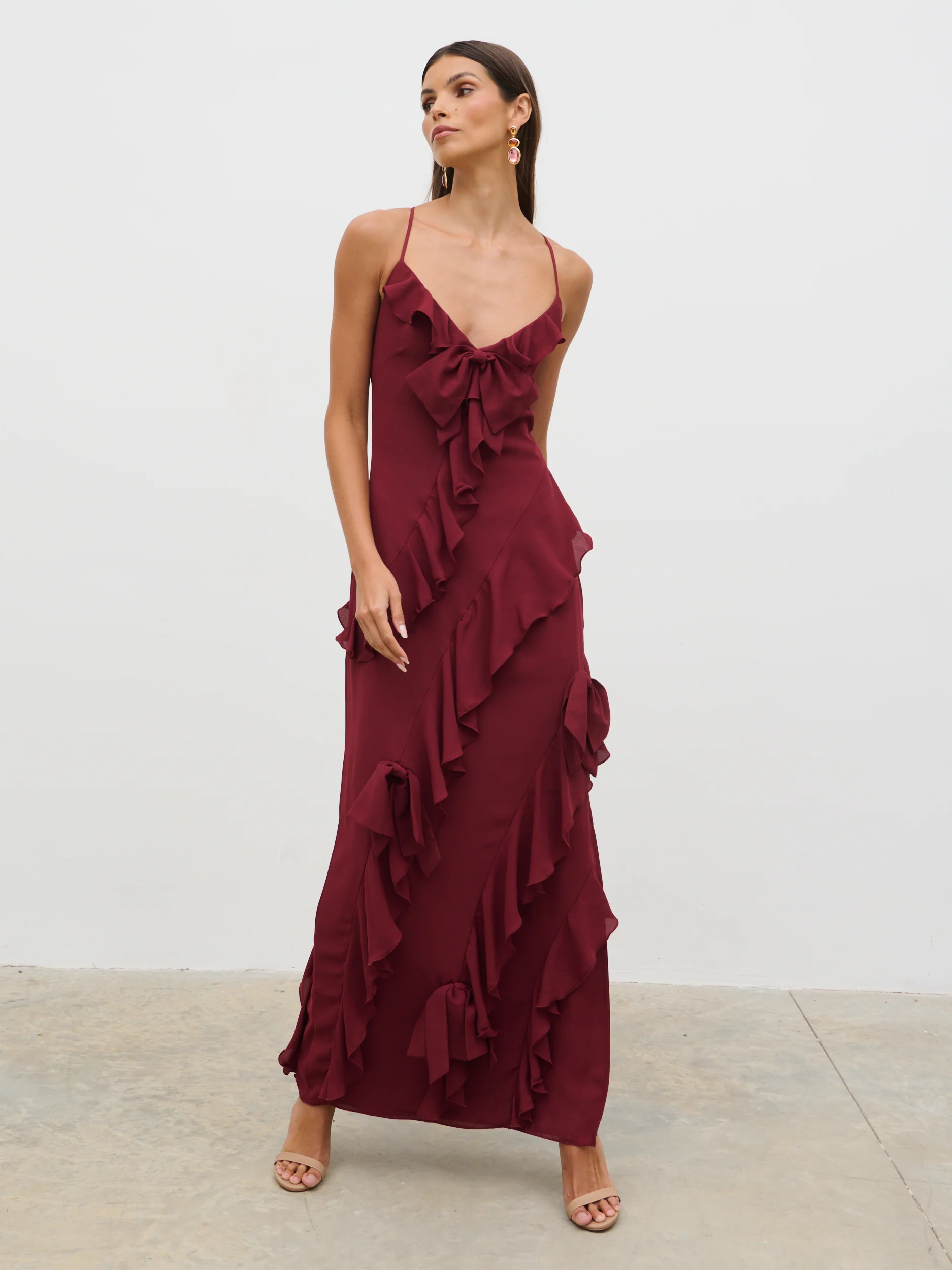 Elle Ruffle Bow Maxi Dress - Wine - Image 5