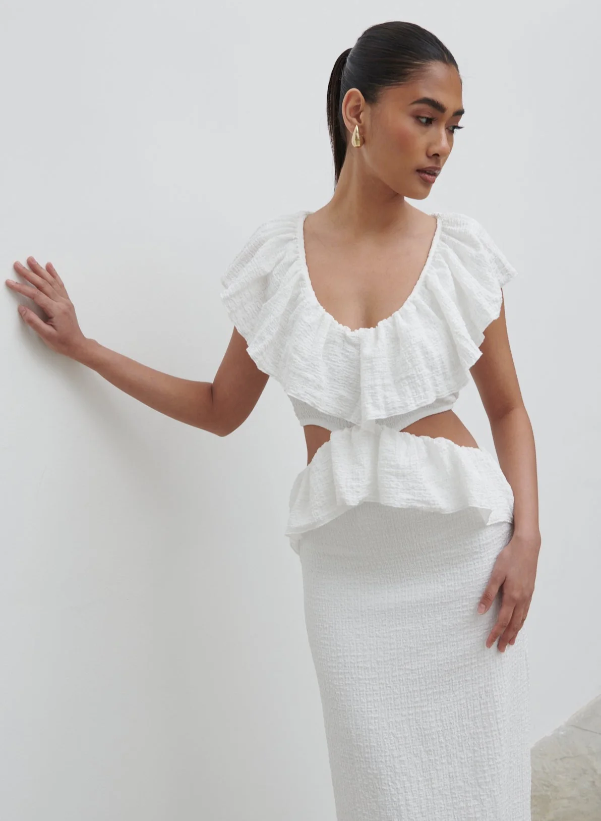 Ellis Crinkle Ruffle Jersey Dress - Cream - Image 3