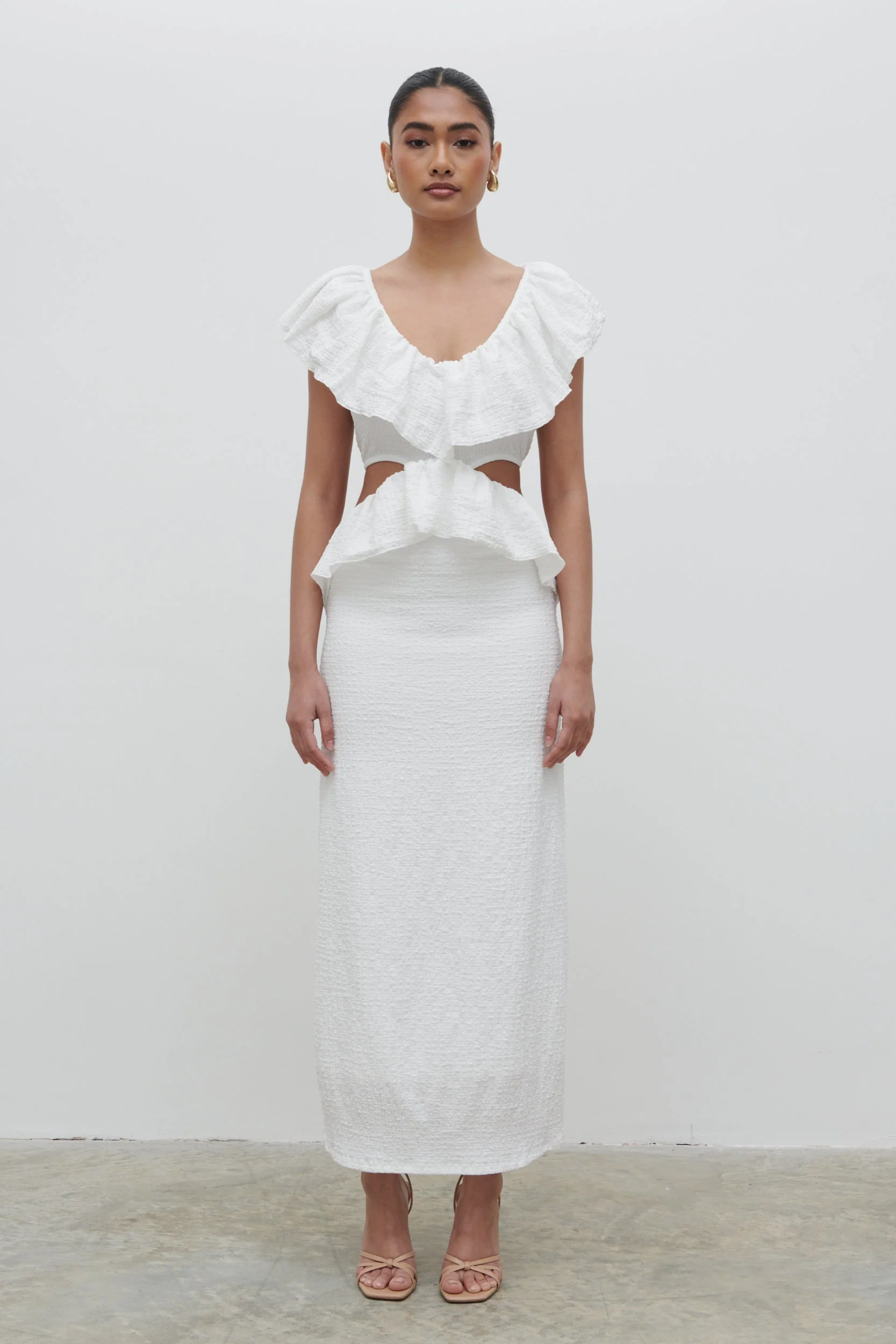 Ellis Crinkle Ruffle Jersey Dress - Cream - Image 7