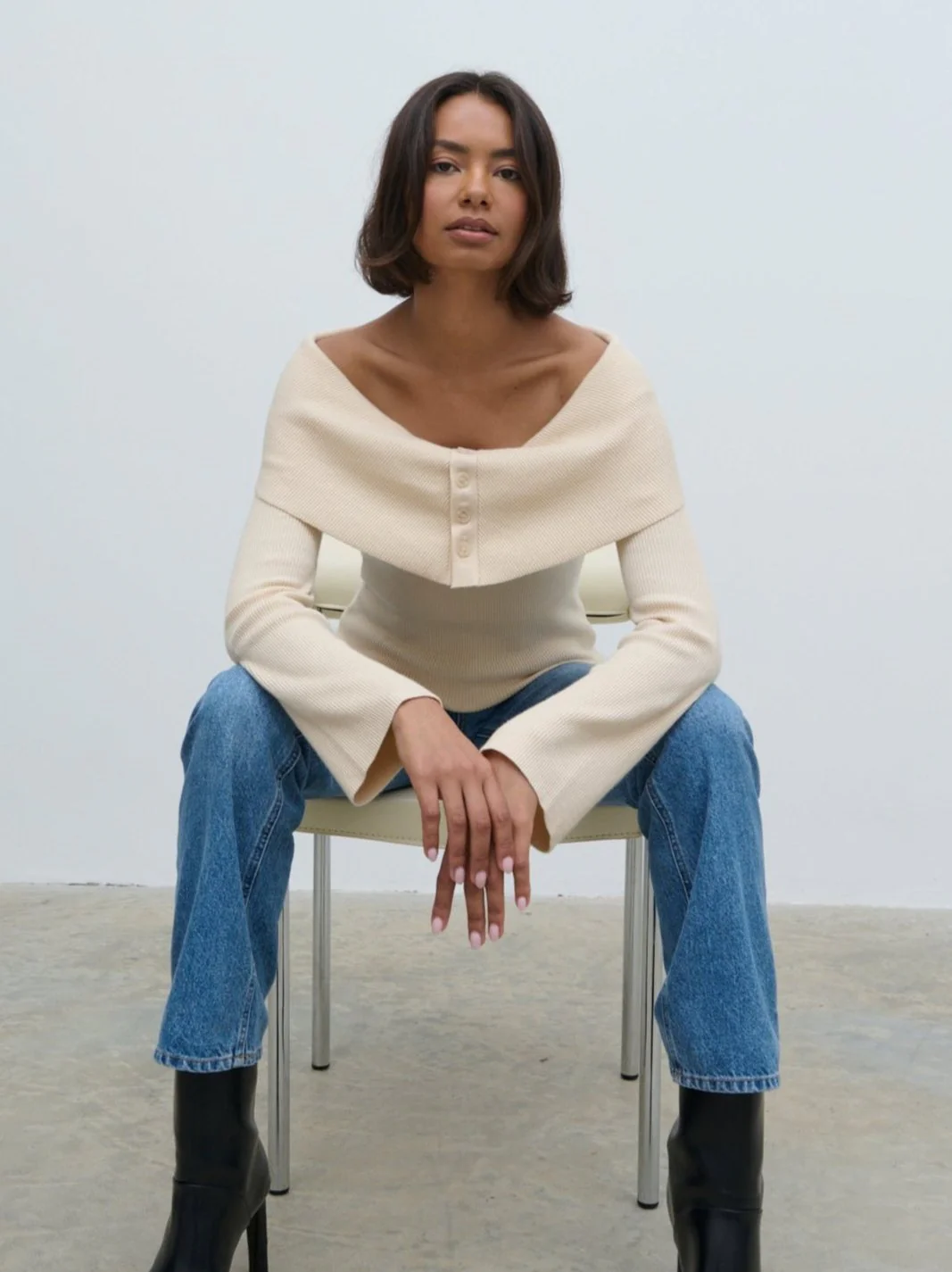 Elora Bardot Button Front Knit Top - Oatmeal - Image 3