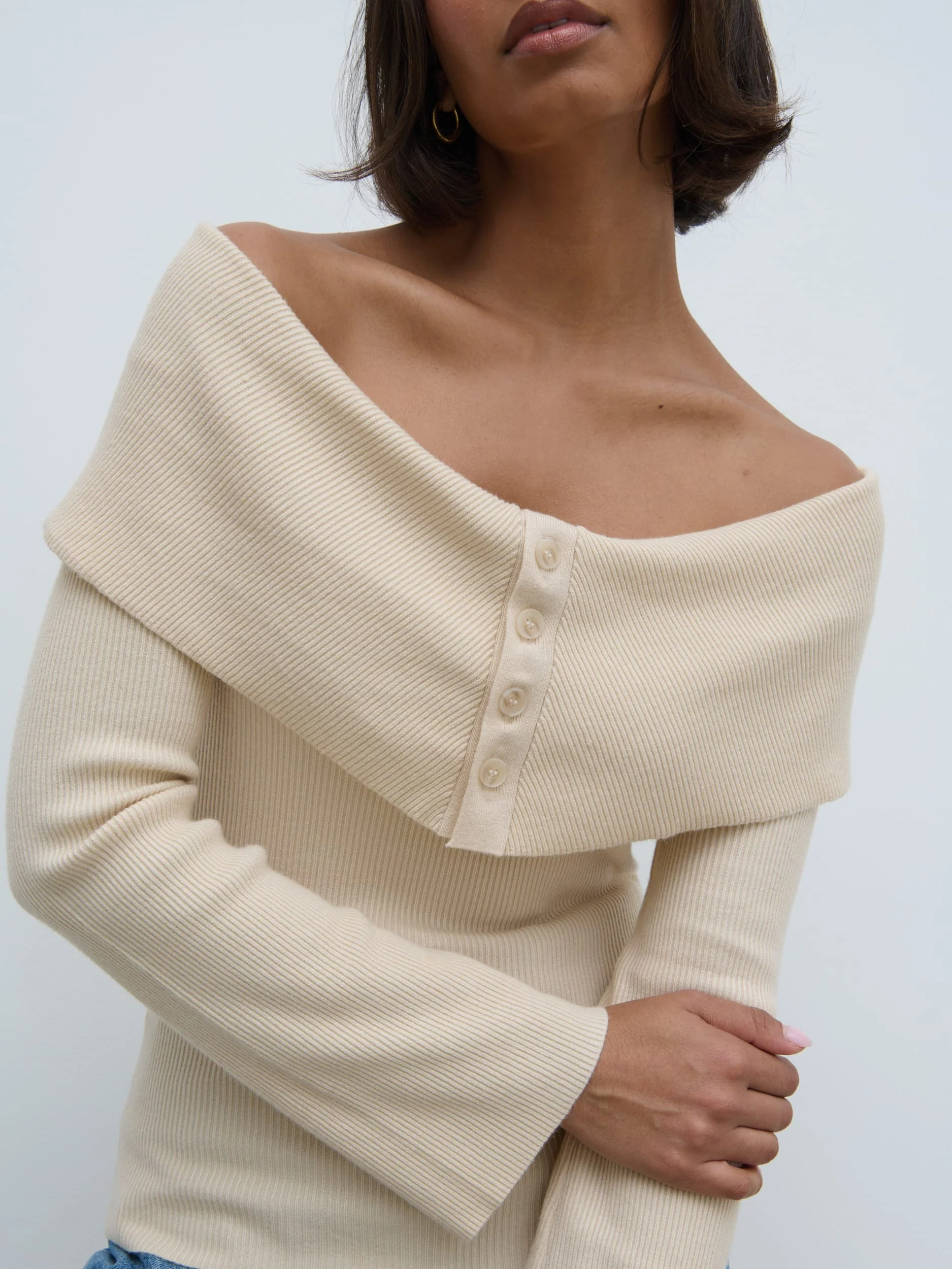Elora Bardot Button Front Knit Top - Oatmeal - Image 4