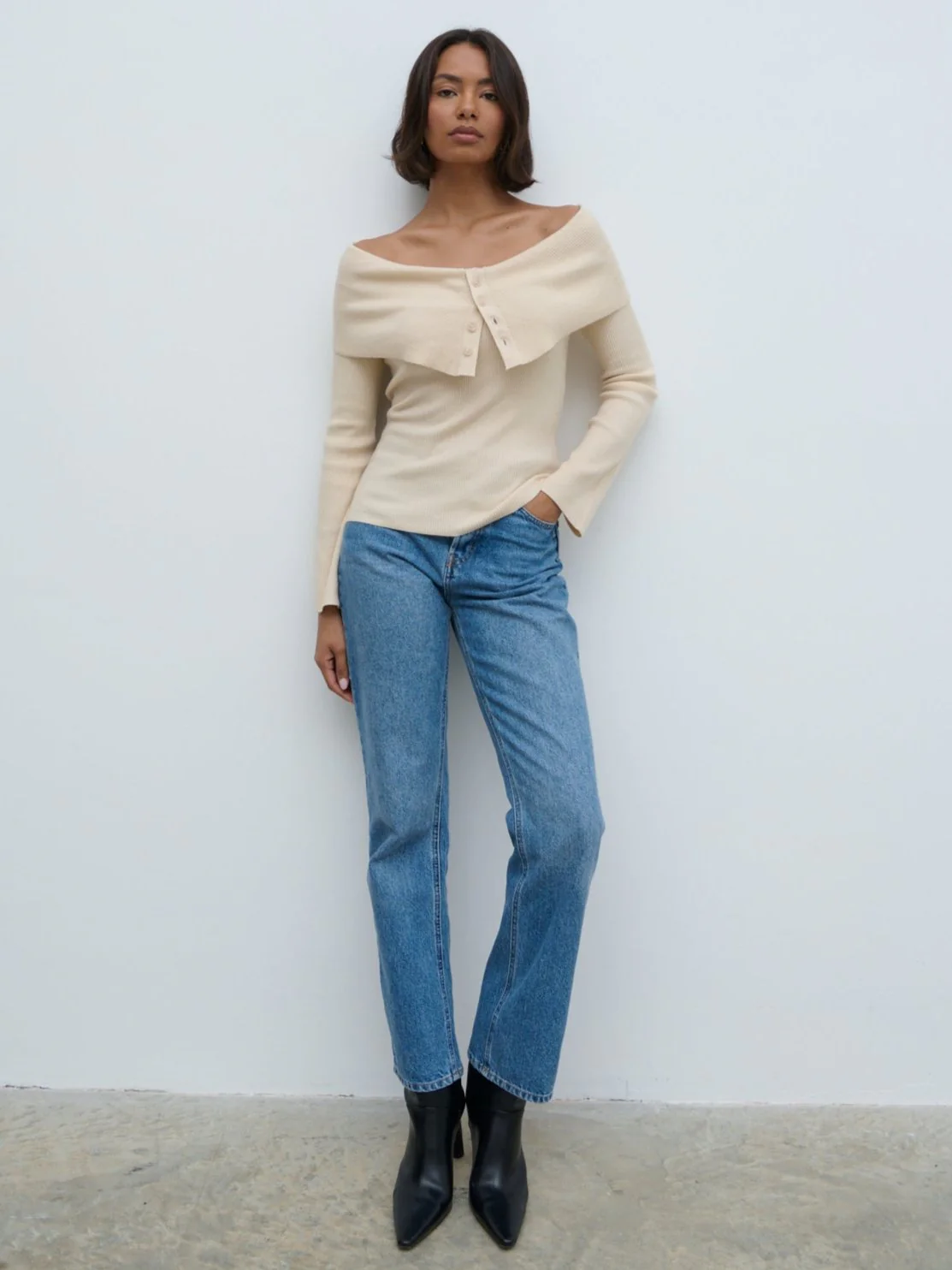 Elora Bardot Button Front Knit Top - Oatmeal - Image 5