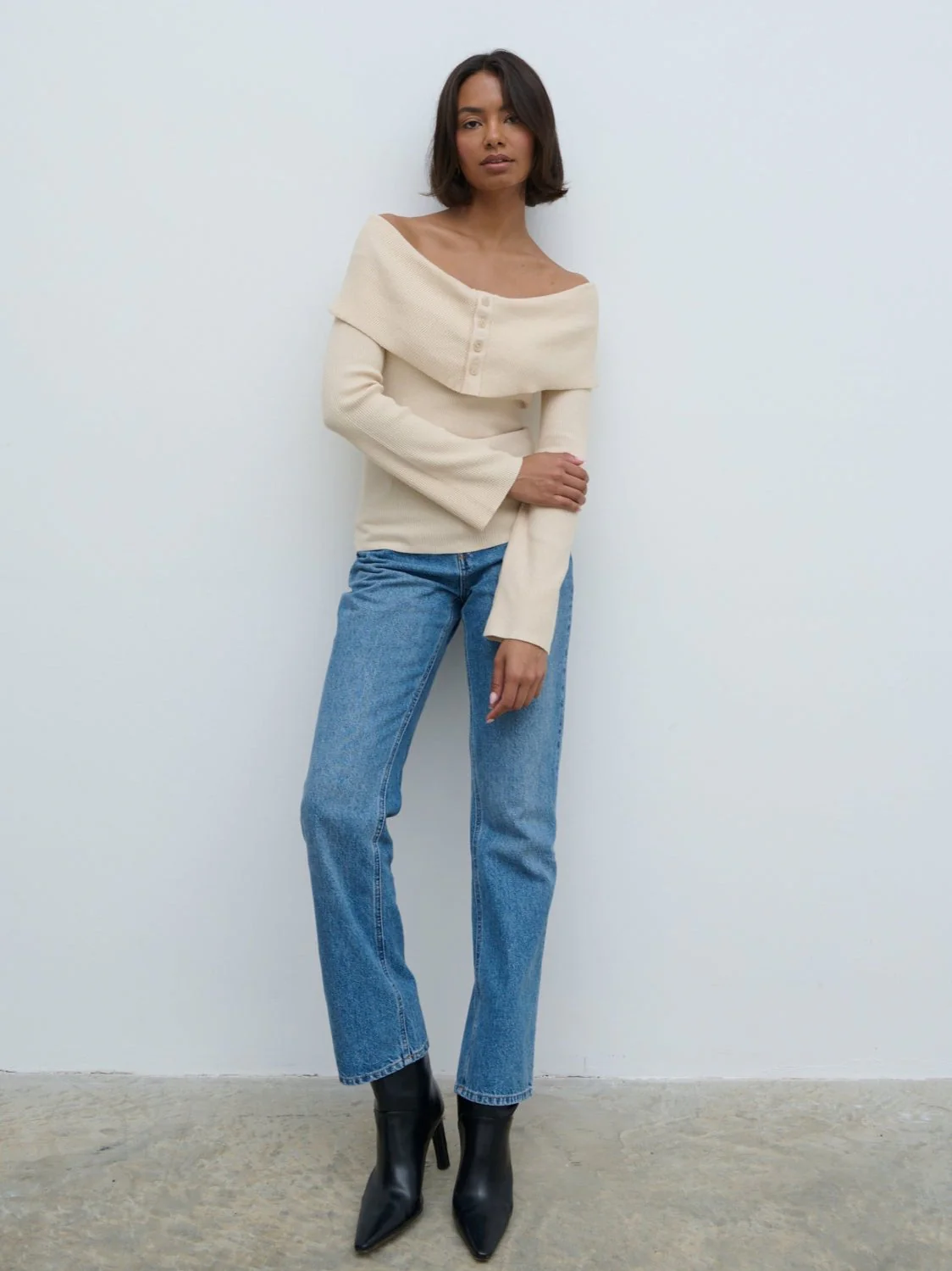 Elora Bardot Button Front Knit Top - Oatmeal - Image 6