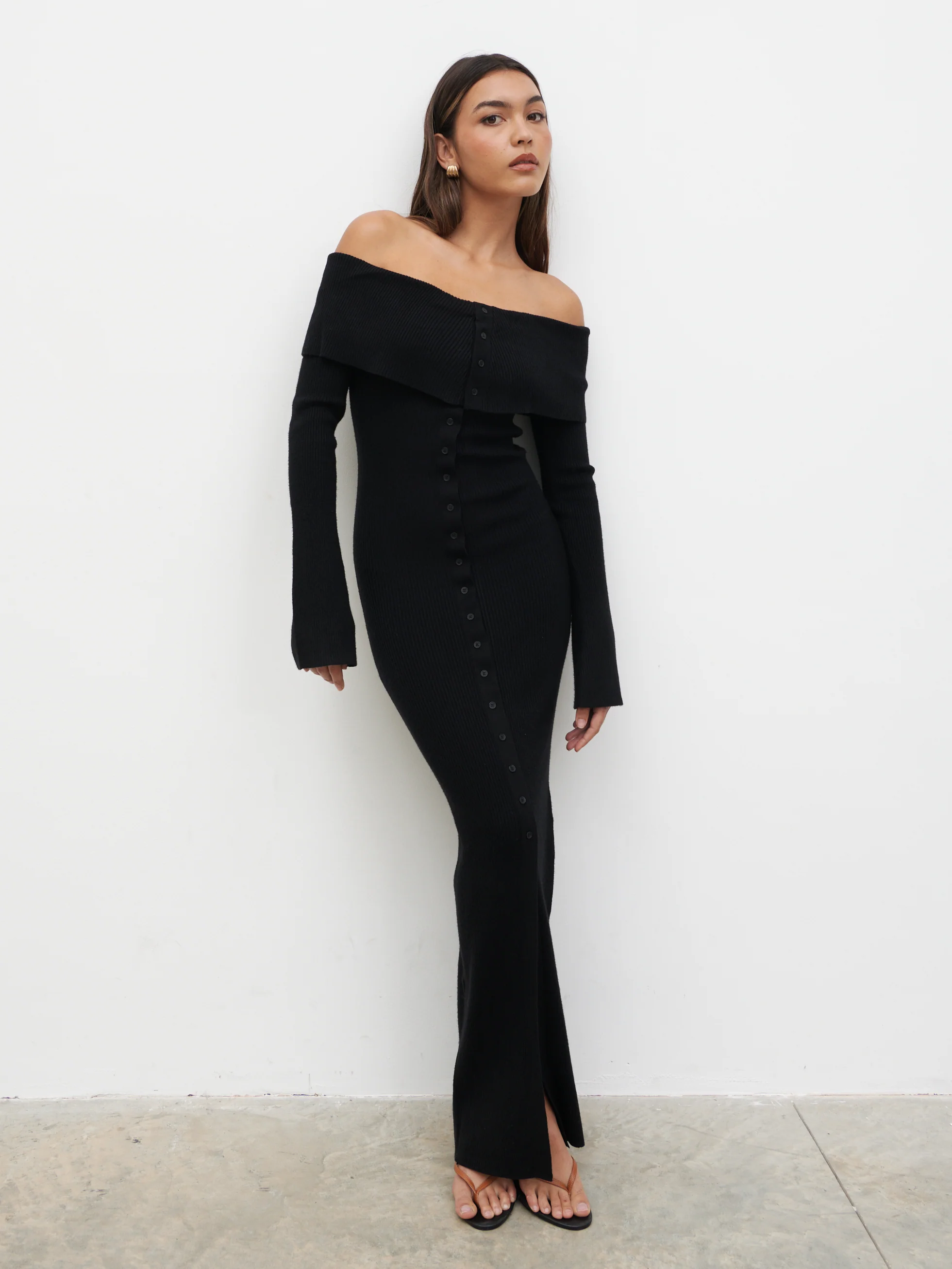Elora Bardot Knit Maxi Dress - Black - Image 3