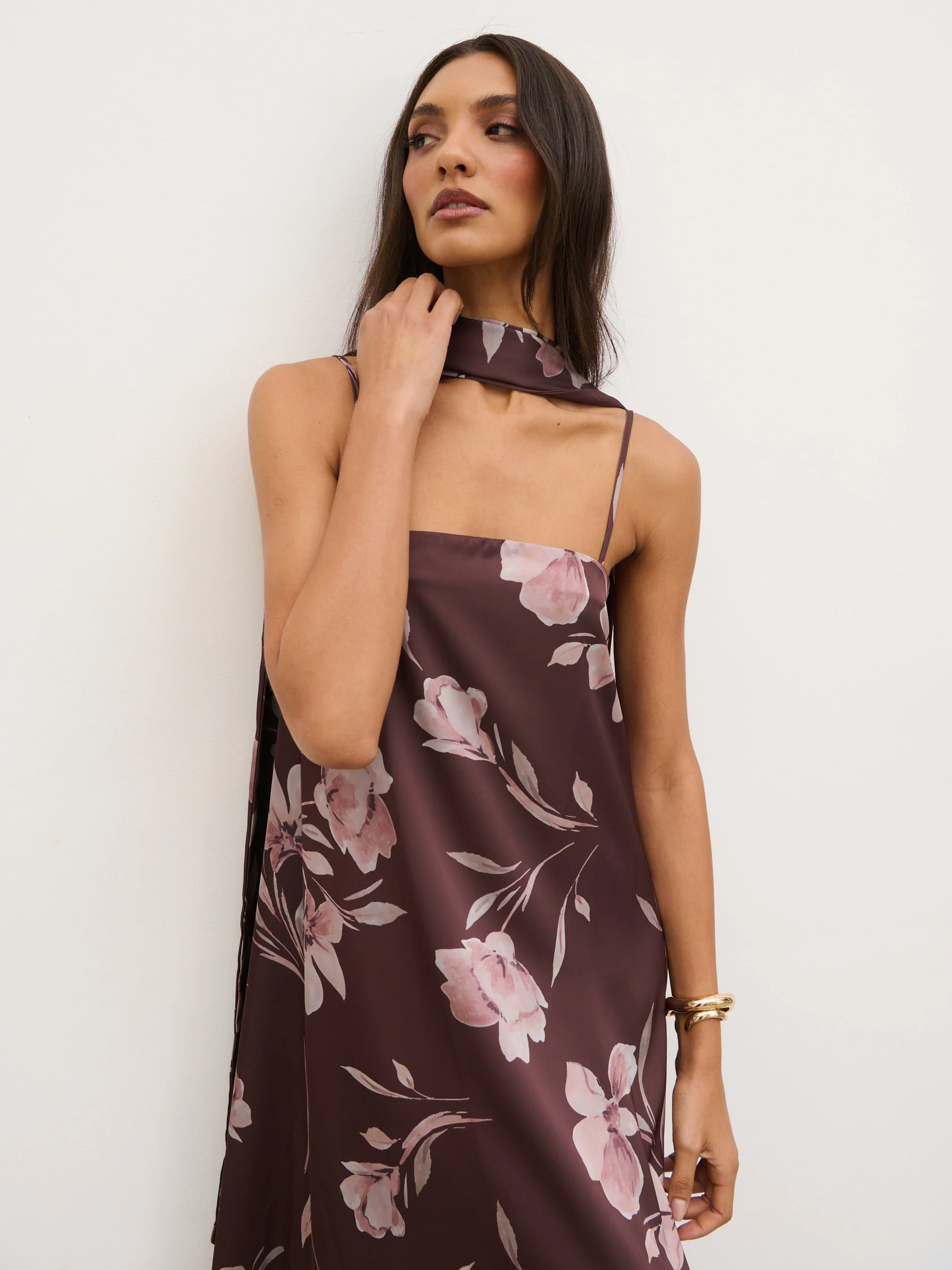 Elowen Scarf A-Line Maxi Dress - Brown Botanical Lily Floral - Image 2