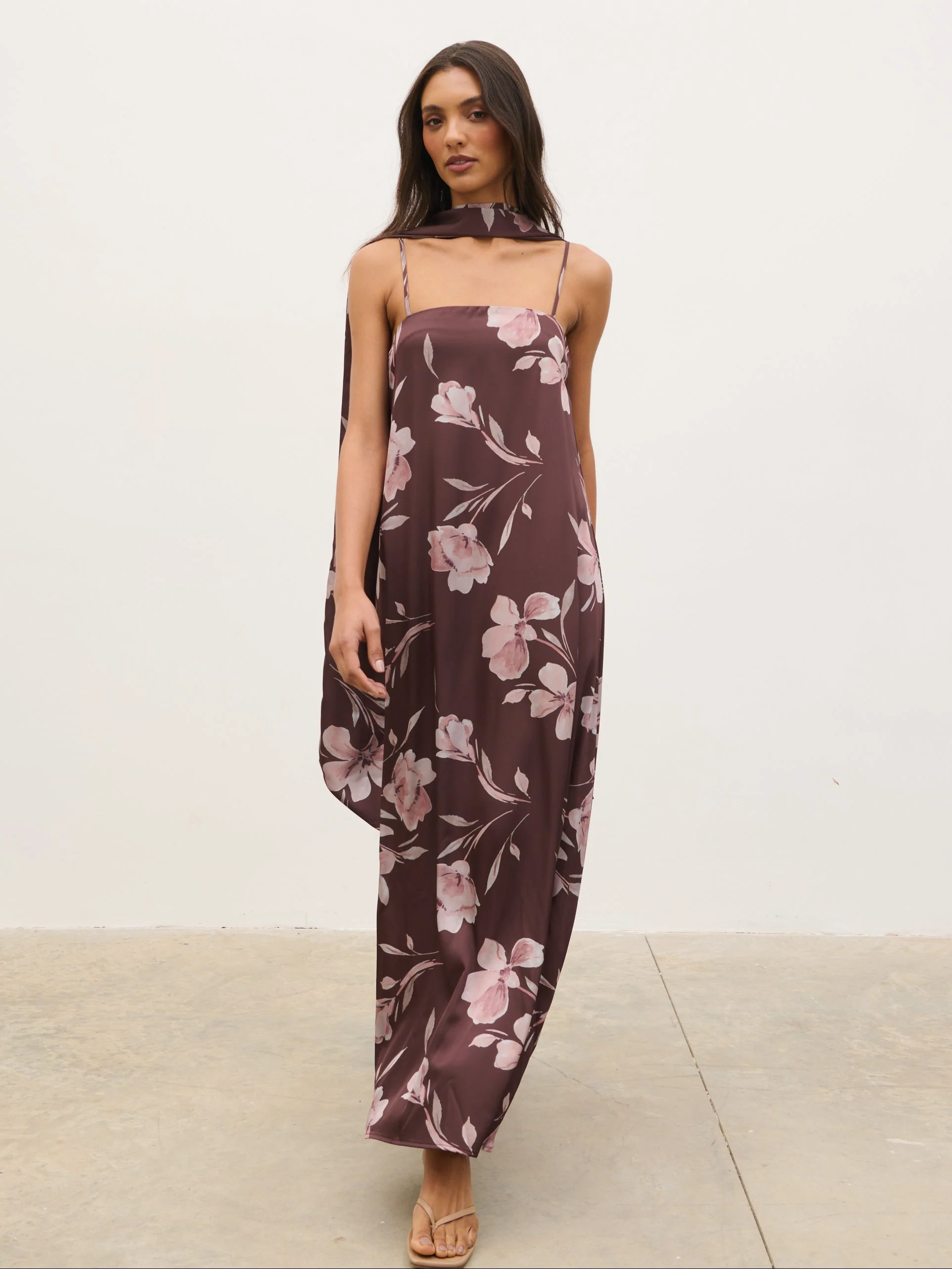 Elowen Scarf A-Line Maxi Dress - Brown Botanical Lily Floral - Image 3