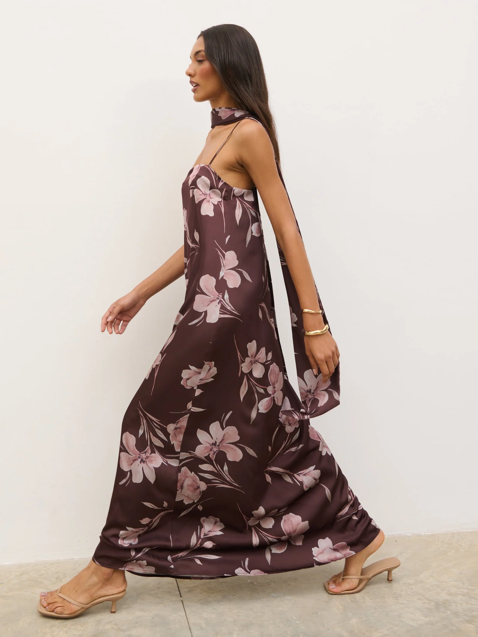 Elowen Scarf A-Line Maxi Dress - Brown Botanical Lily Floral - Image 4