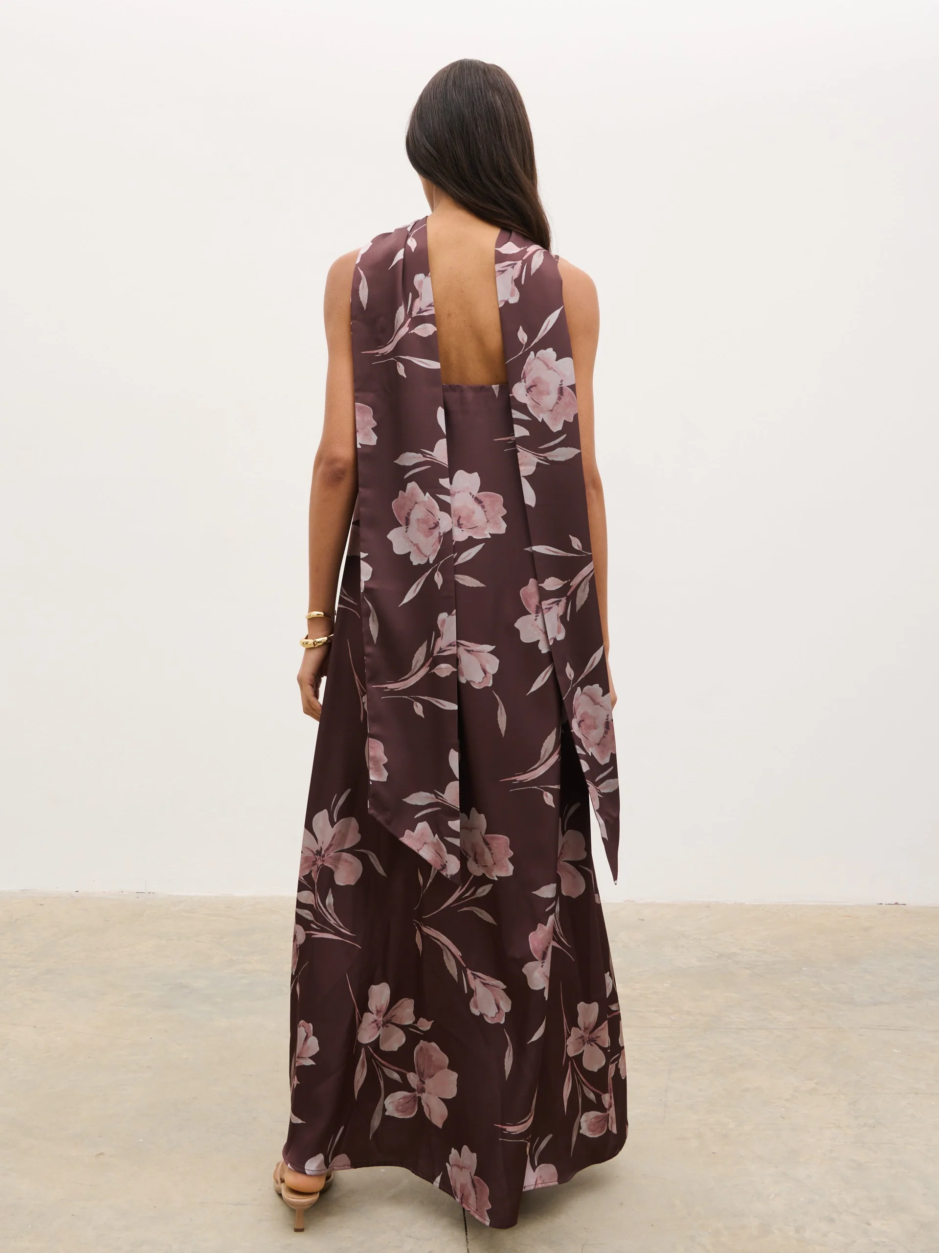 Elowen Scarf A-Line Maxi Dress - Brown Botanical Lily Floral - Image 6