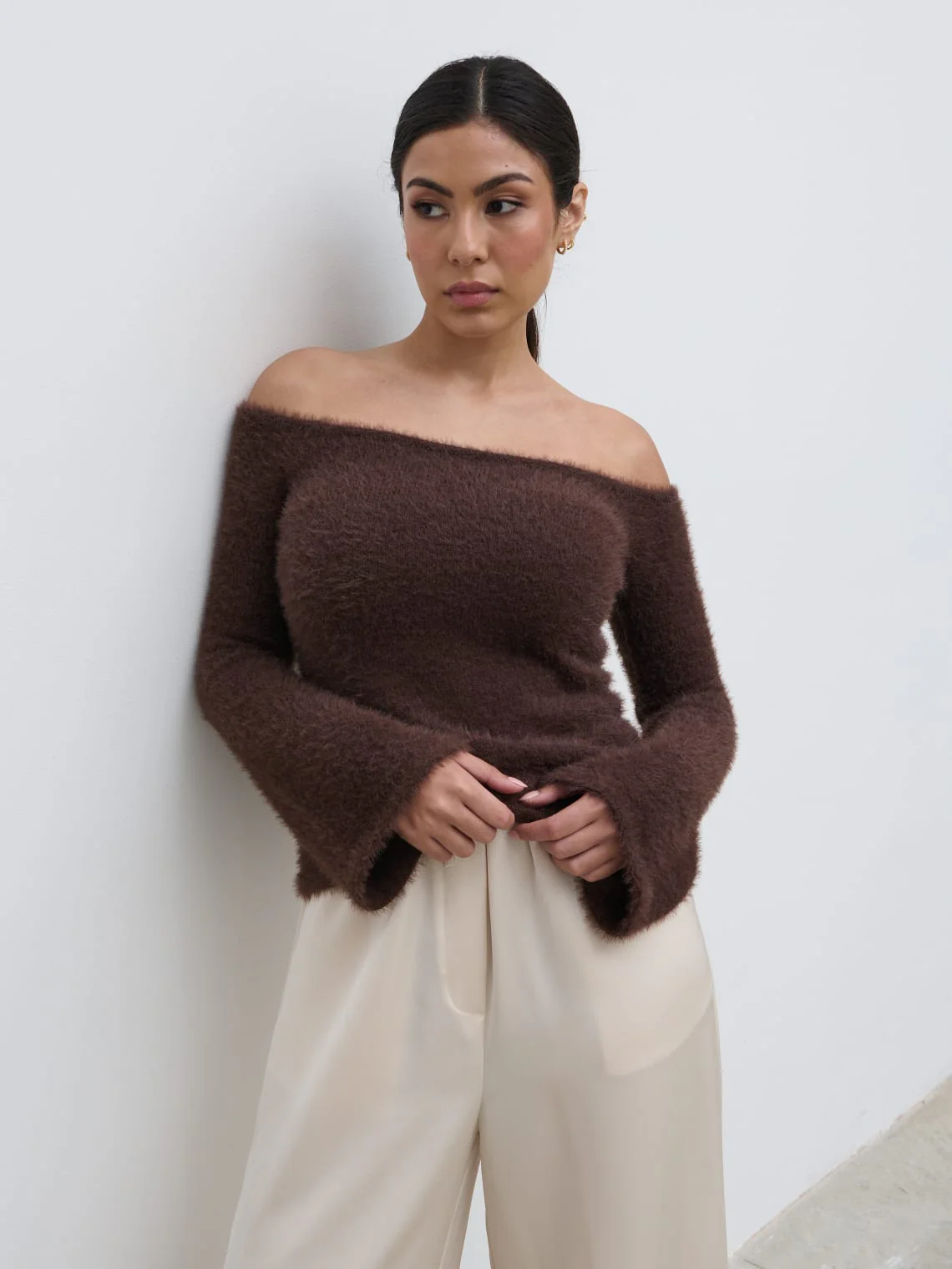 Erika Bardot Fluffy Knit Top - Chocolate - Image 3