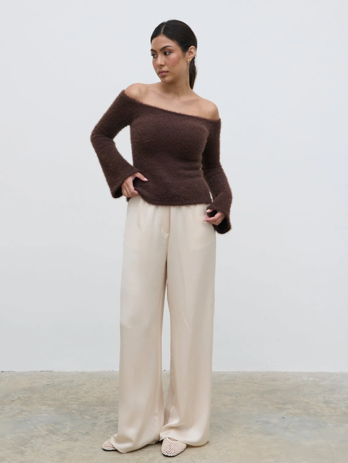 Erika Bardot Fluffy Knit Top - Chocolate - Image 4