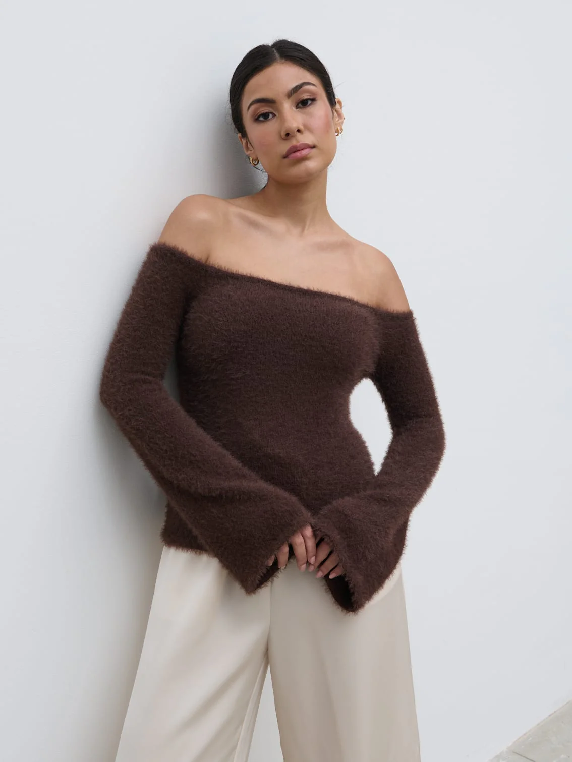 Erika Bardot Fluffy Knit Top - Chocolate - Image 5