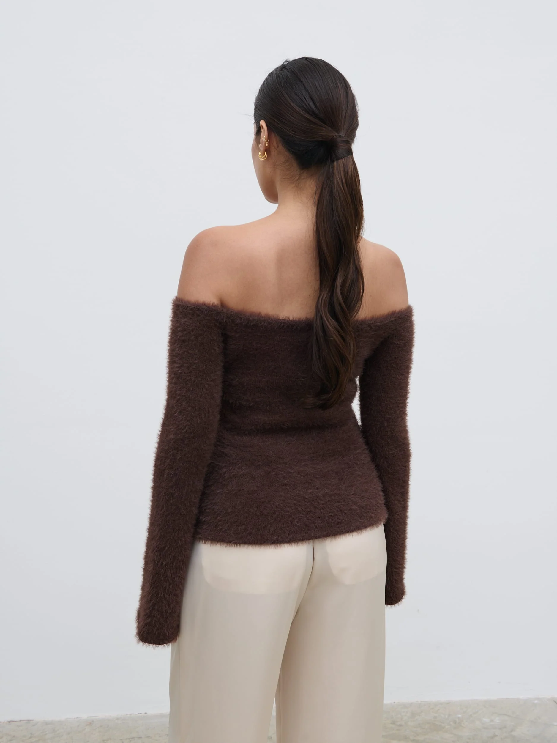 Erika Bardot Fluffy Knit Top - Chocolate - Image 6