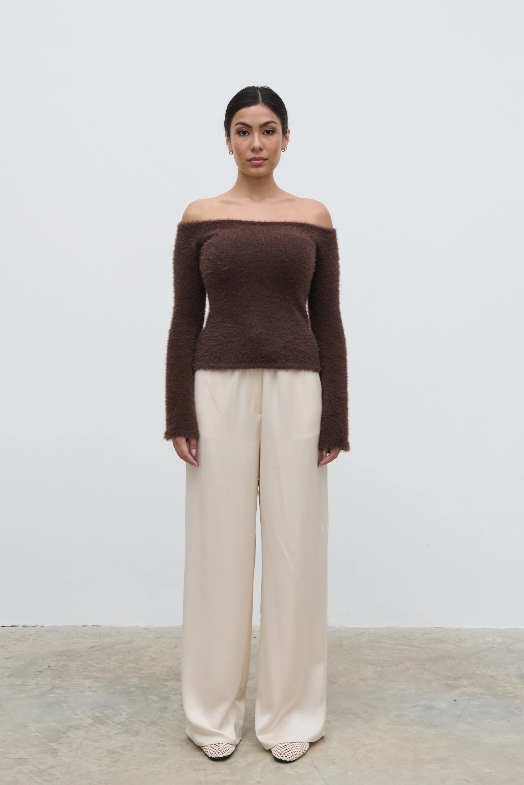 Erika Bardot Fluffy Knit Top - Chocolate - Image 7