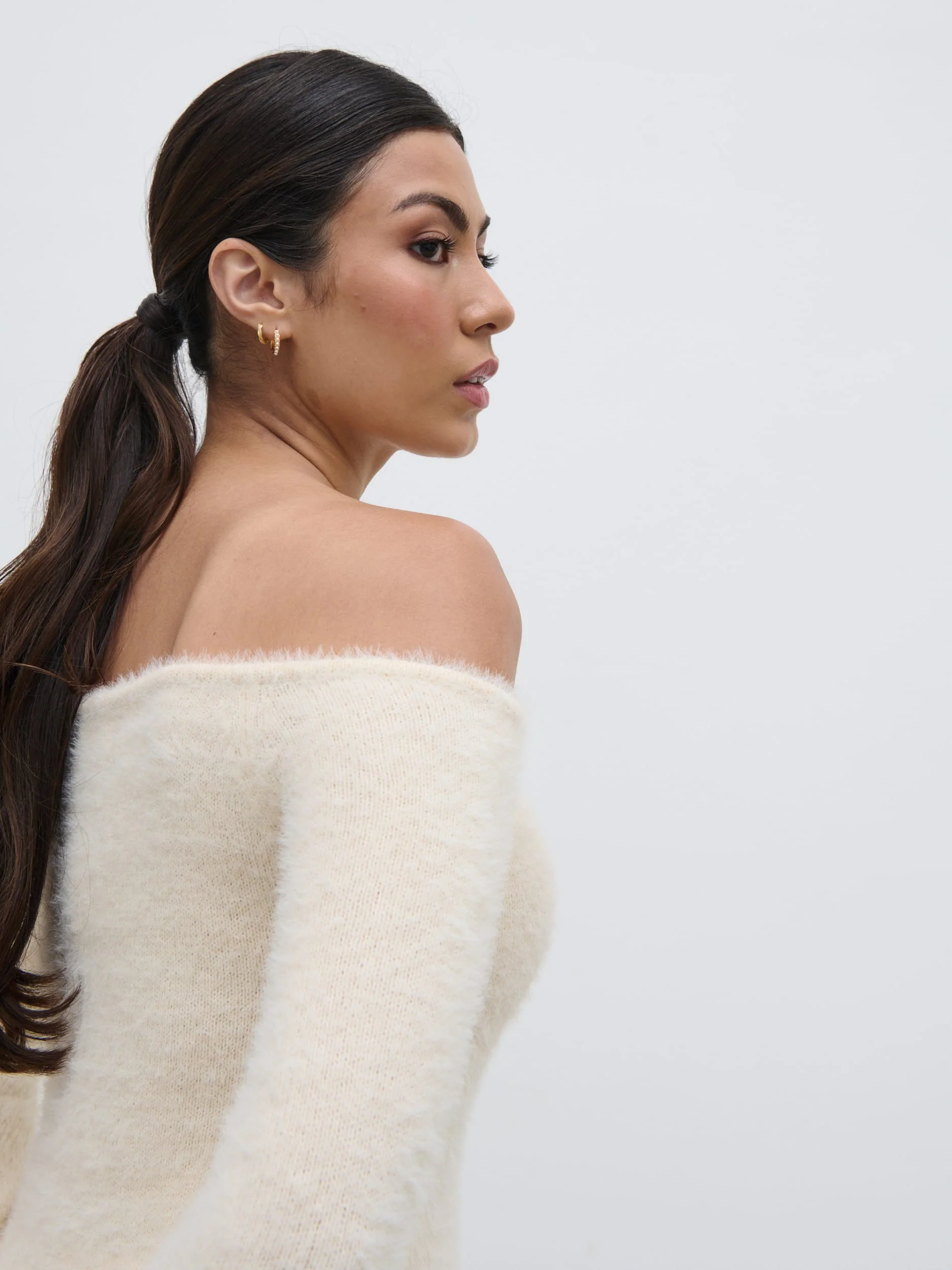 Erika Bardot Fluffy Knit Top - Cream - Image 3