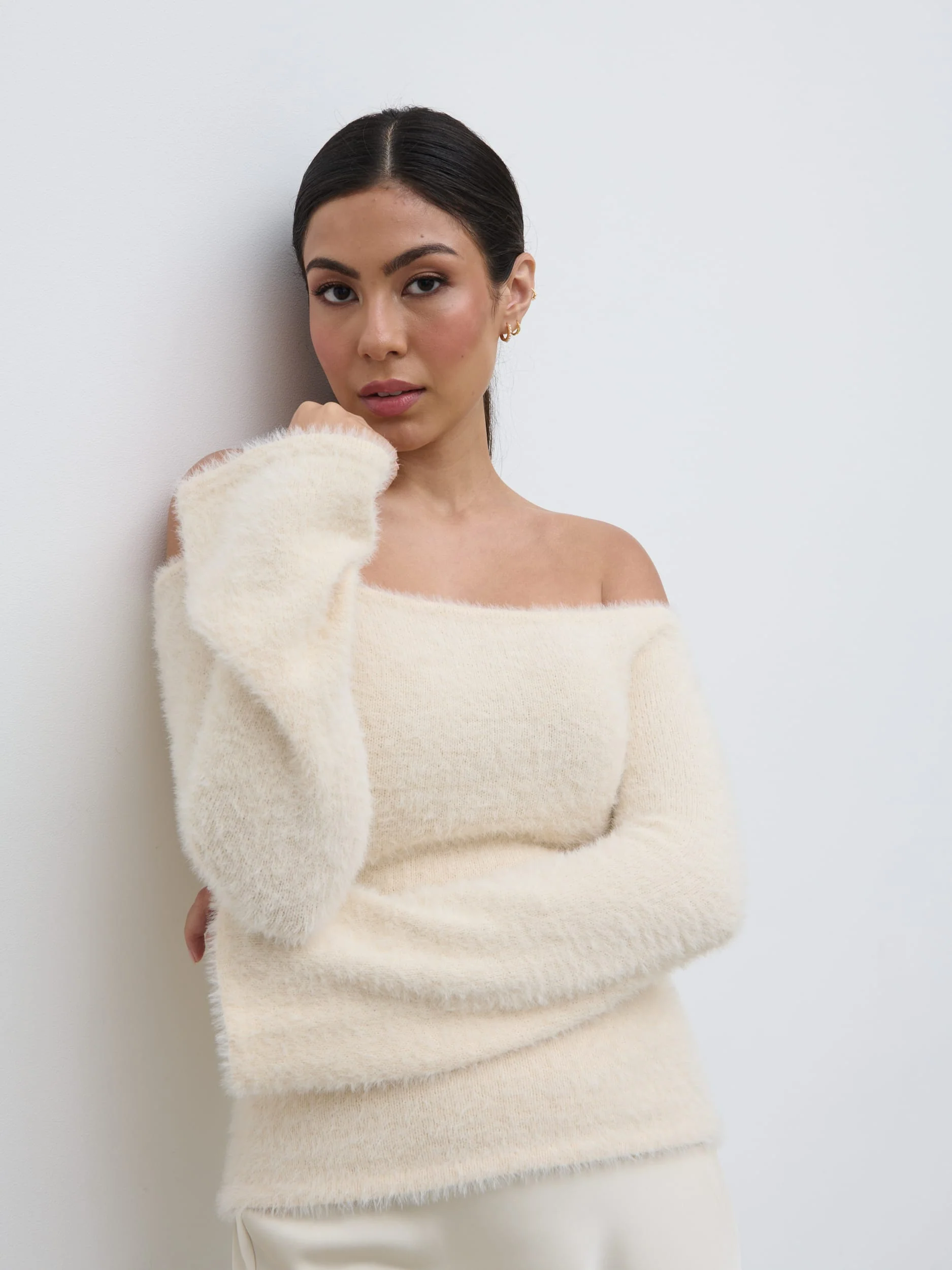 Erika Bardot Fluffy Knit Top - Cream - Image 5