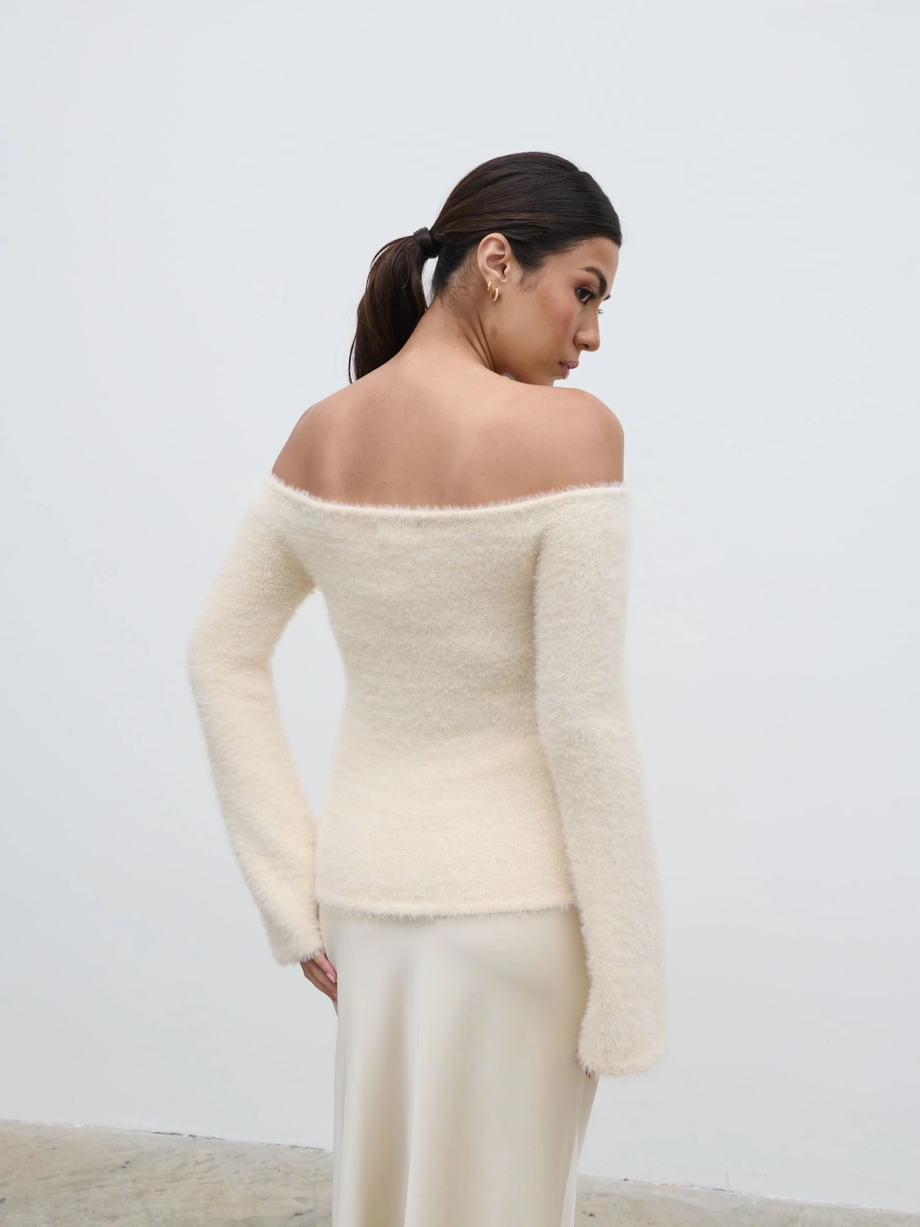 Erika Bardot Fluffy Knit Top - Cream - Image 6
