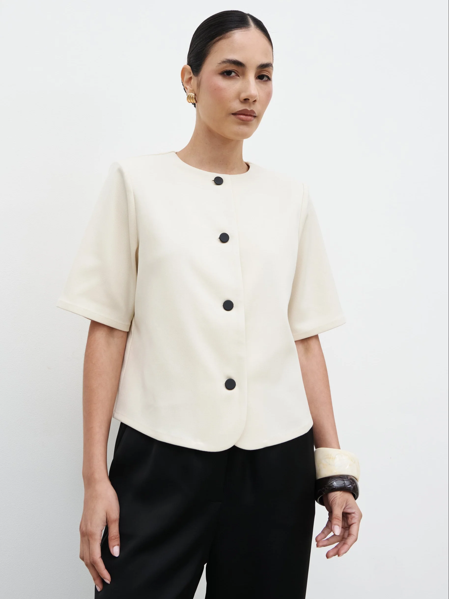 Essie Short Sleeve Button Down Top - Stone - Image 7