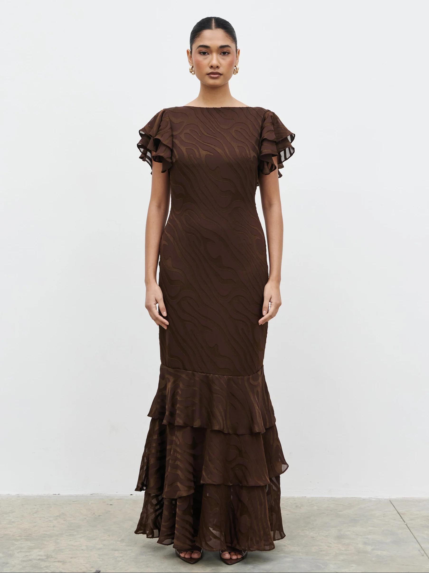 Ester Ruffle Jacquard Maxi Dress - Brown Devore - Image 2