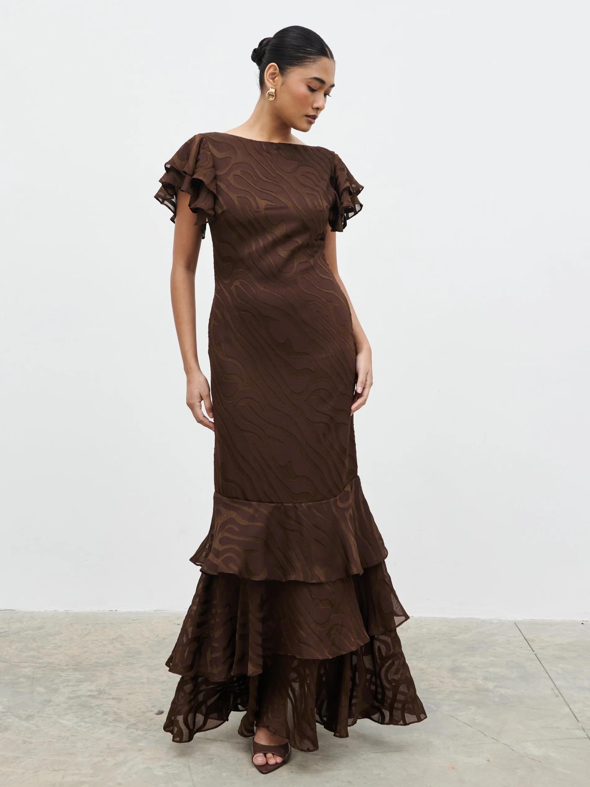 Ester Ruffle Jacquard Maxi Dress - Brown Devore - Image 4