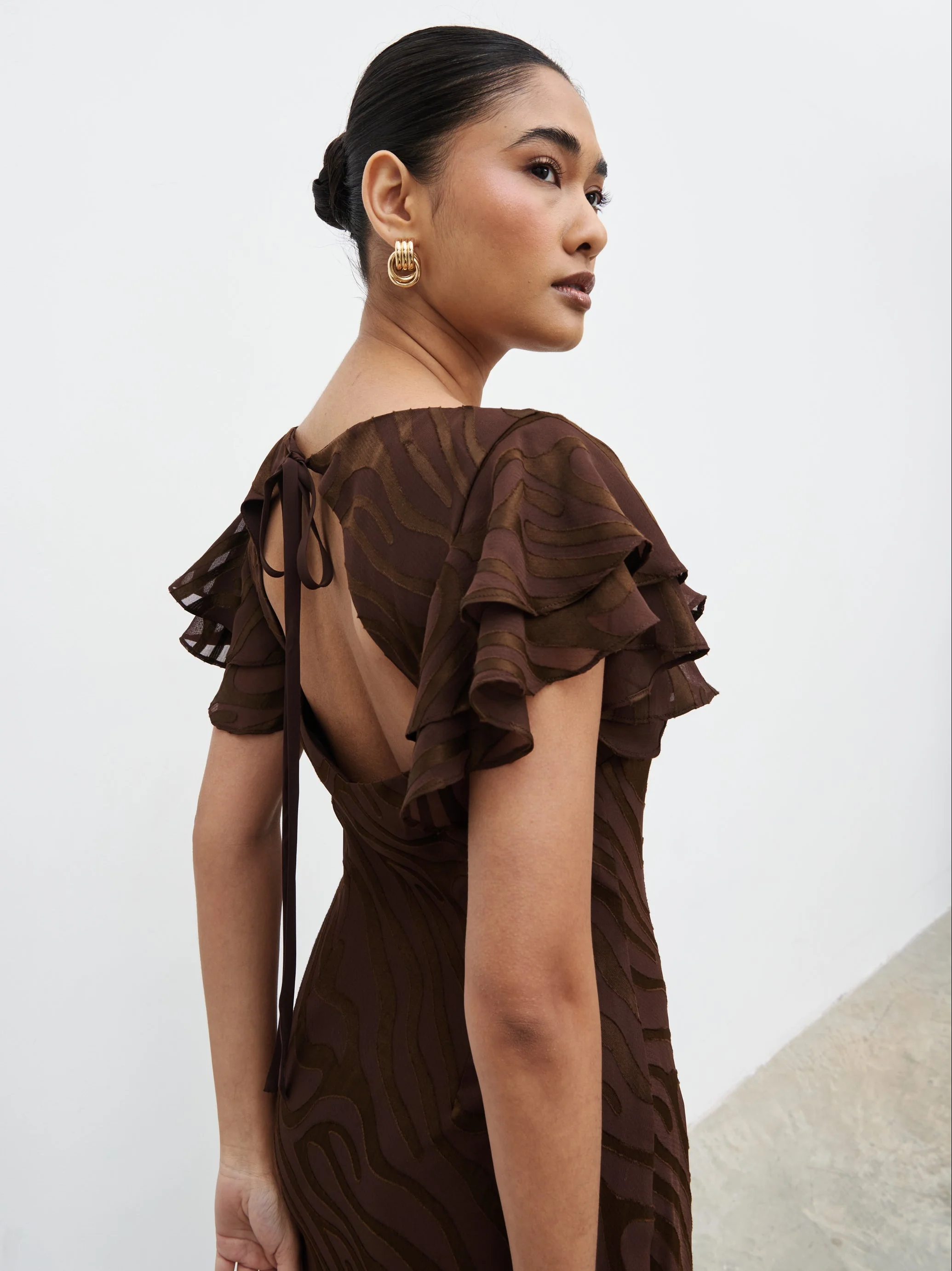 Ester Ruffle Jacquard Maxi Dress - Brown Devore - Image 5