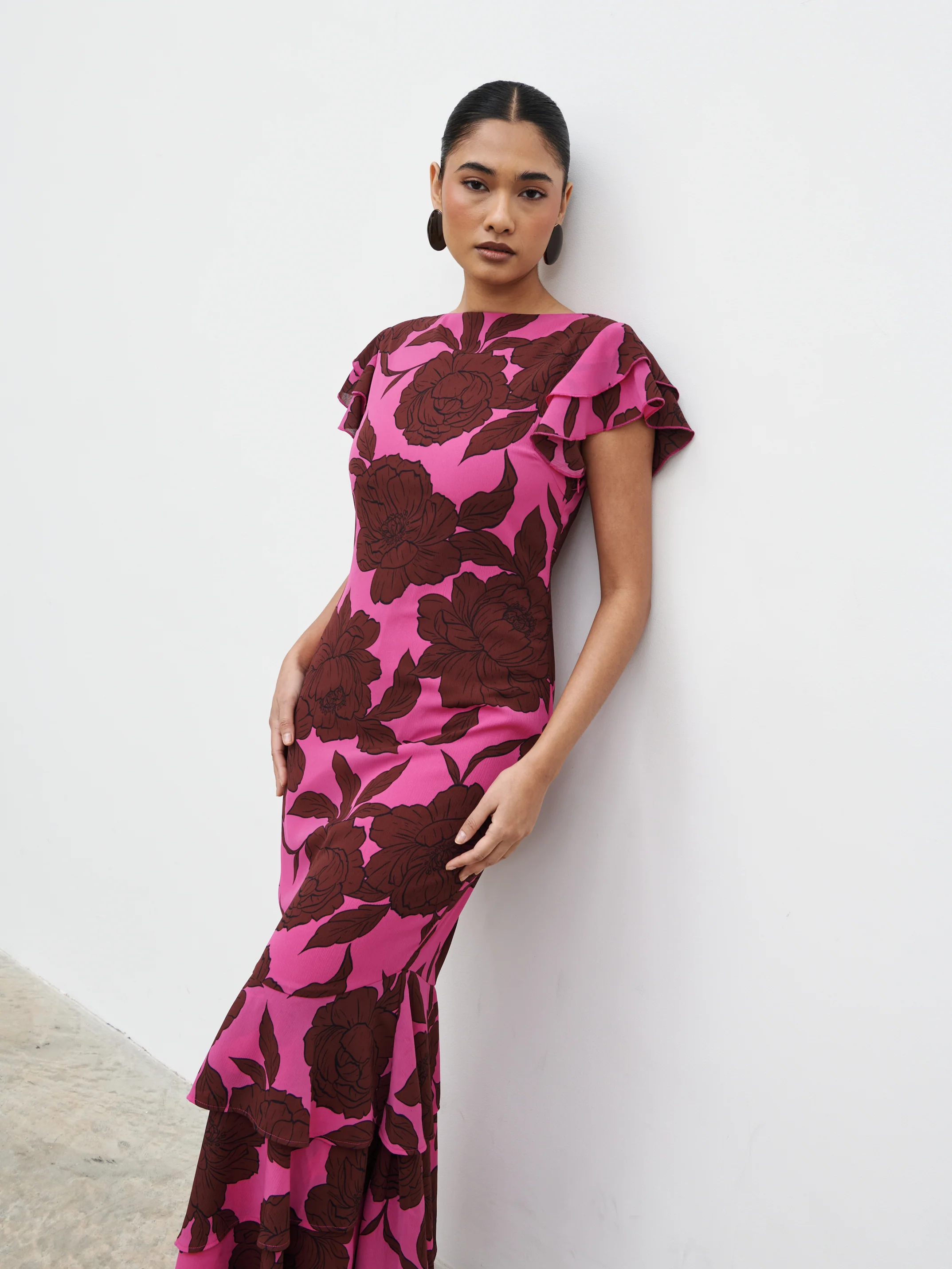 Ester Ruffle Maxi Dress - Brown and Fuchsia Floral - Image 2