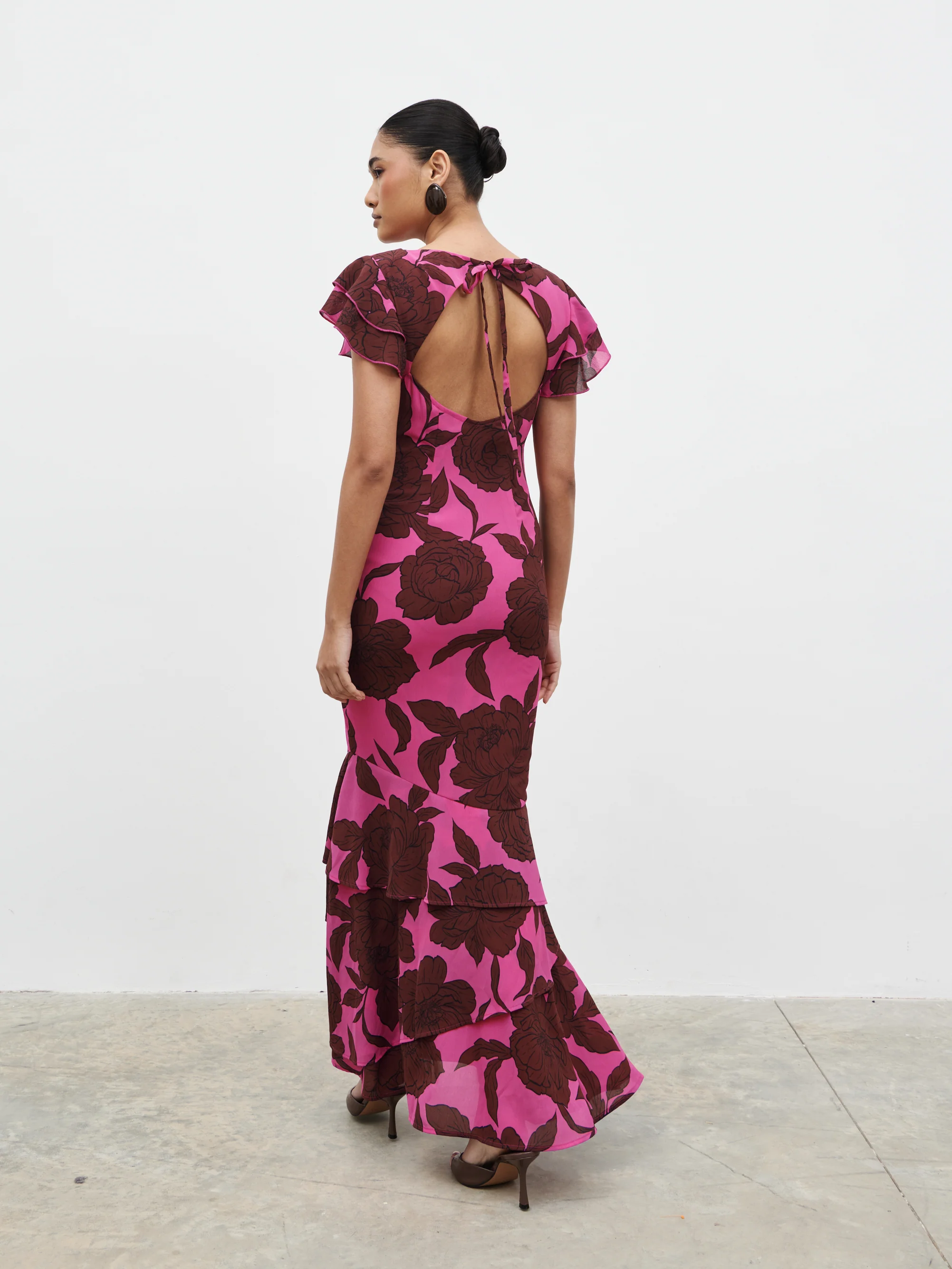 Ester Ruffle Maxi Dress - Brown and Fuchsia Floral - Image 3