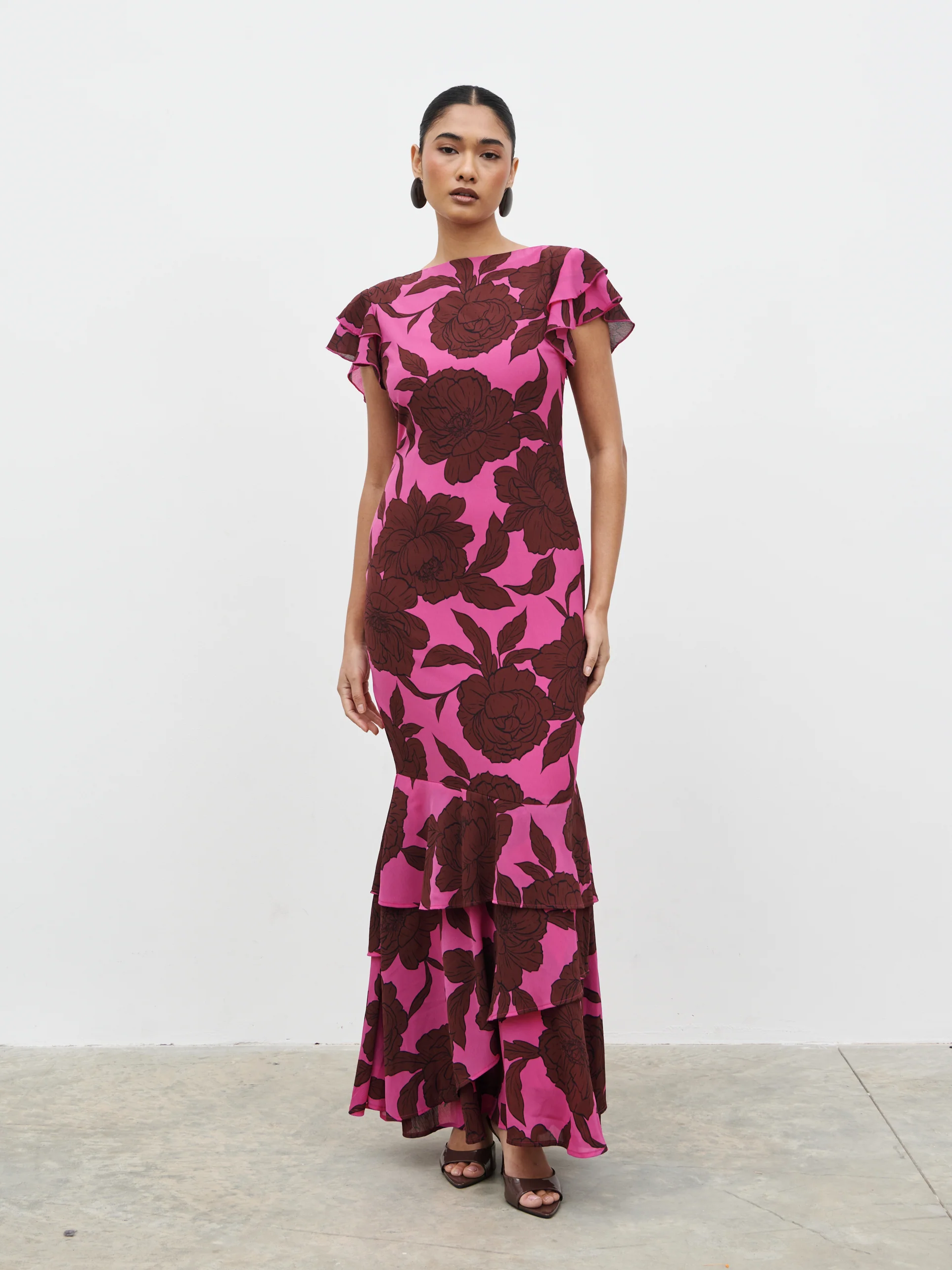 Ester Ruffle Maxi Dress - Brown and Fuchsia Floral - Image 5