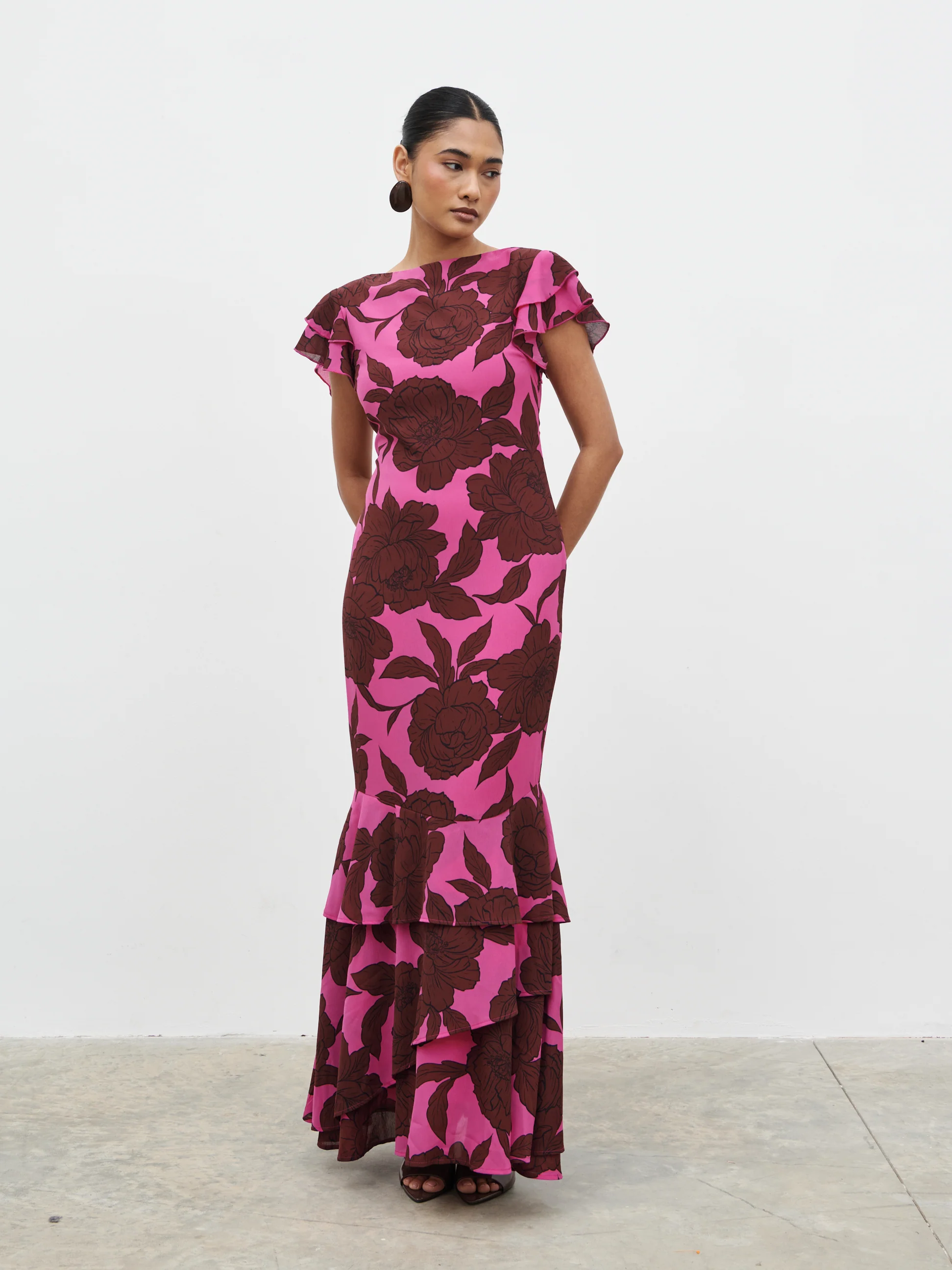 Ester Ruffle Maxi Dress - Brown and Fuchsia Floral - Image 6