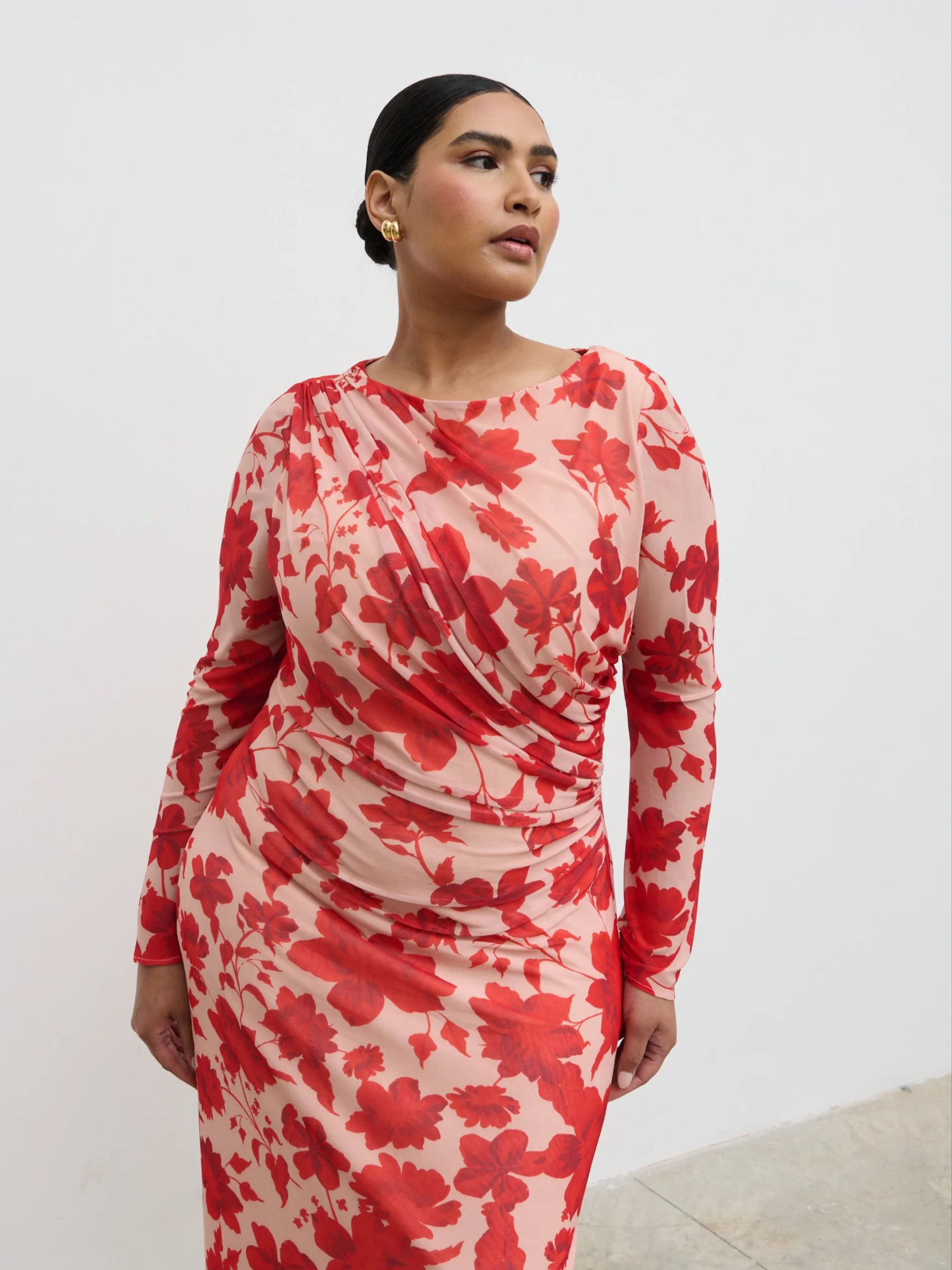 Ethel Long Sleeve Jersey Midaxi Dress Curve - Red Floral - Image 3