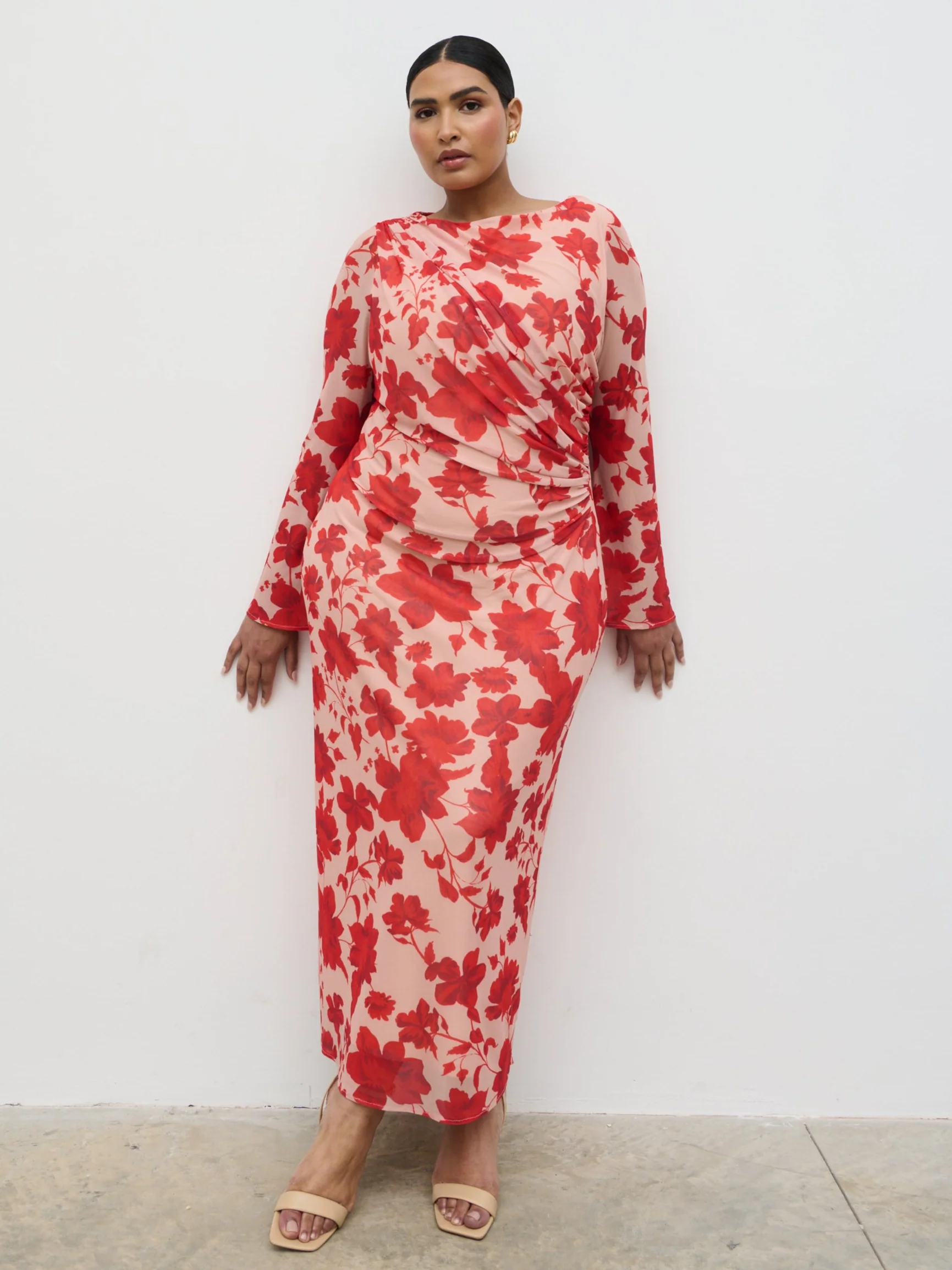 Ethel Long Sleeve Jersey Midaxi Dress Curve - Red Floral - Image 5