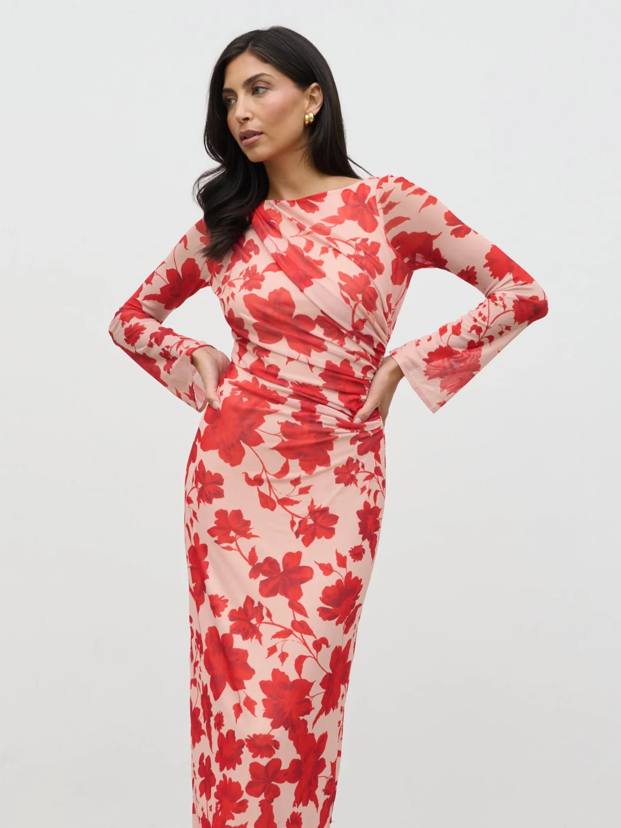 Ethel Long Sleeve Jersey Midaxi Dress - Red Floral - Image 4