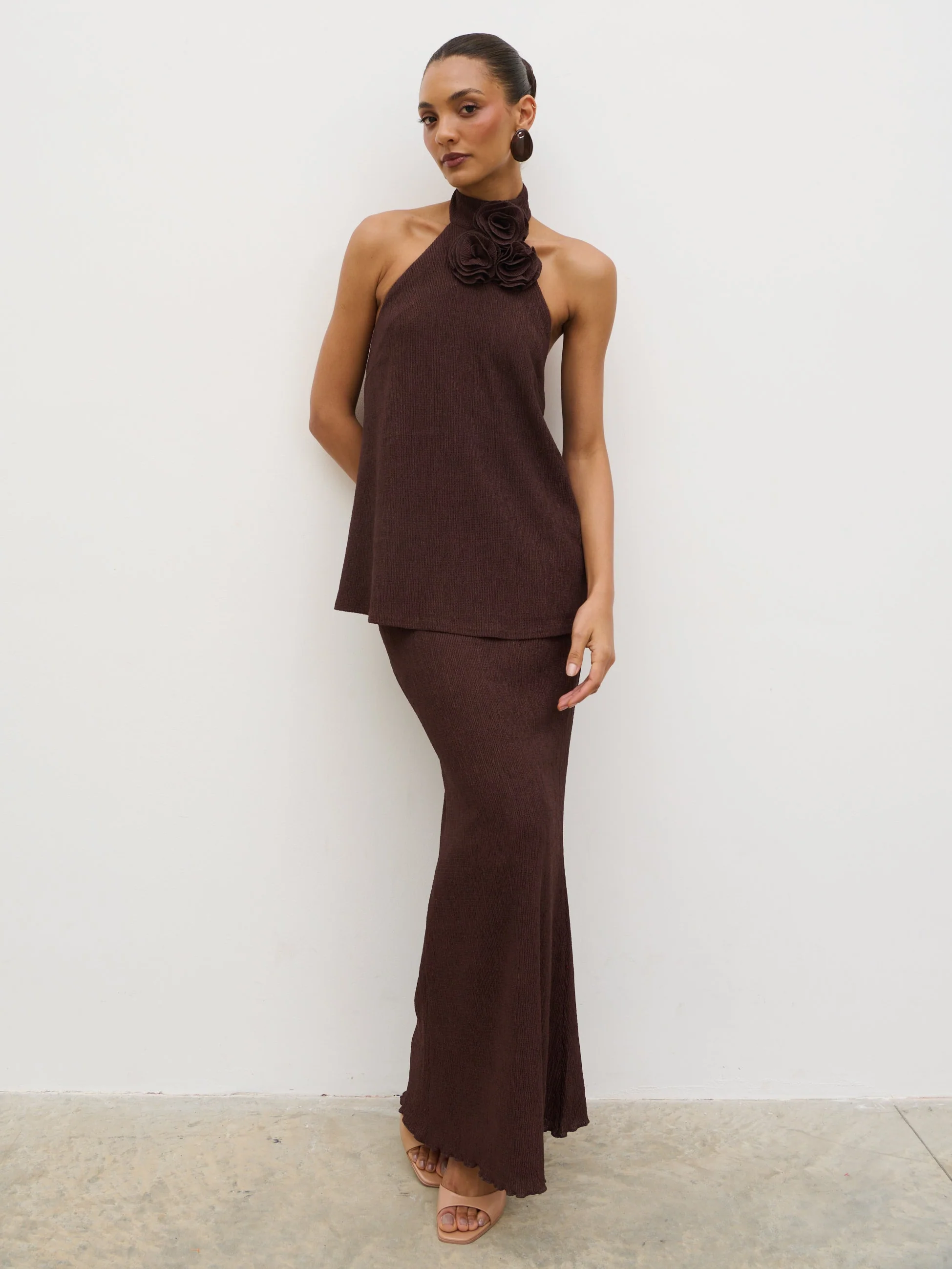 Evalina Corsage Halterneck Top - Brown - Image 2
