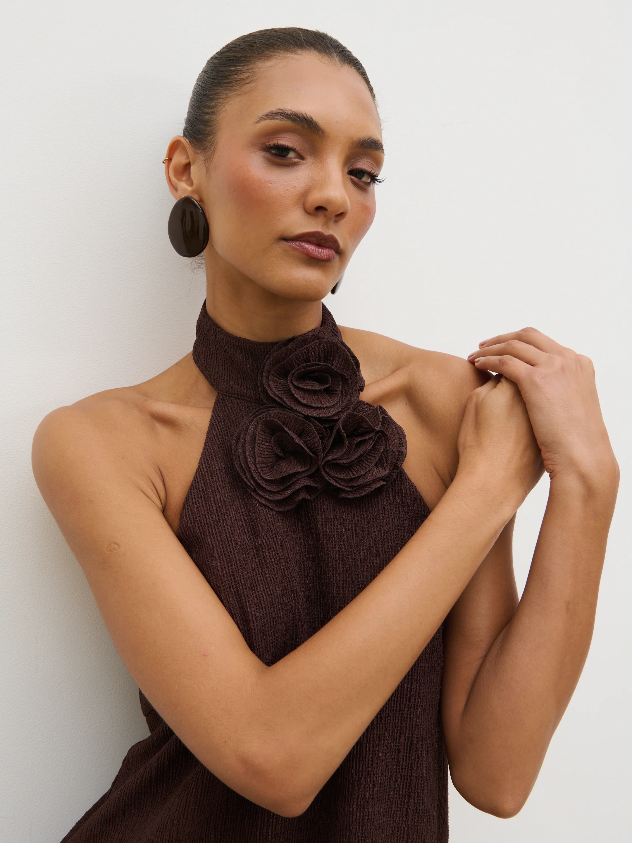 Evalina Corsage Halterneck Top - Brown - Image 4