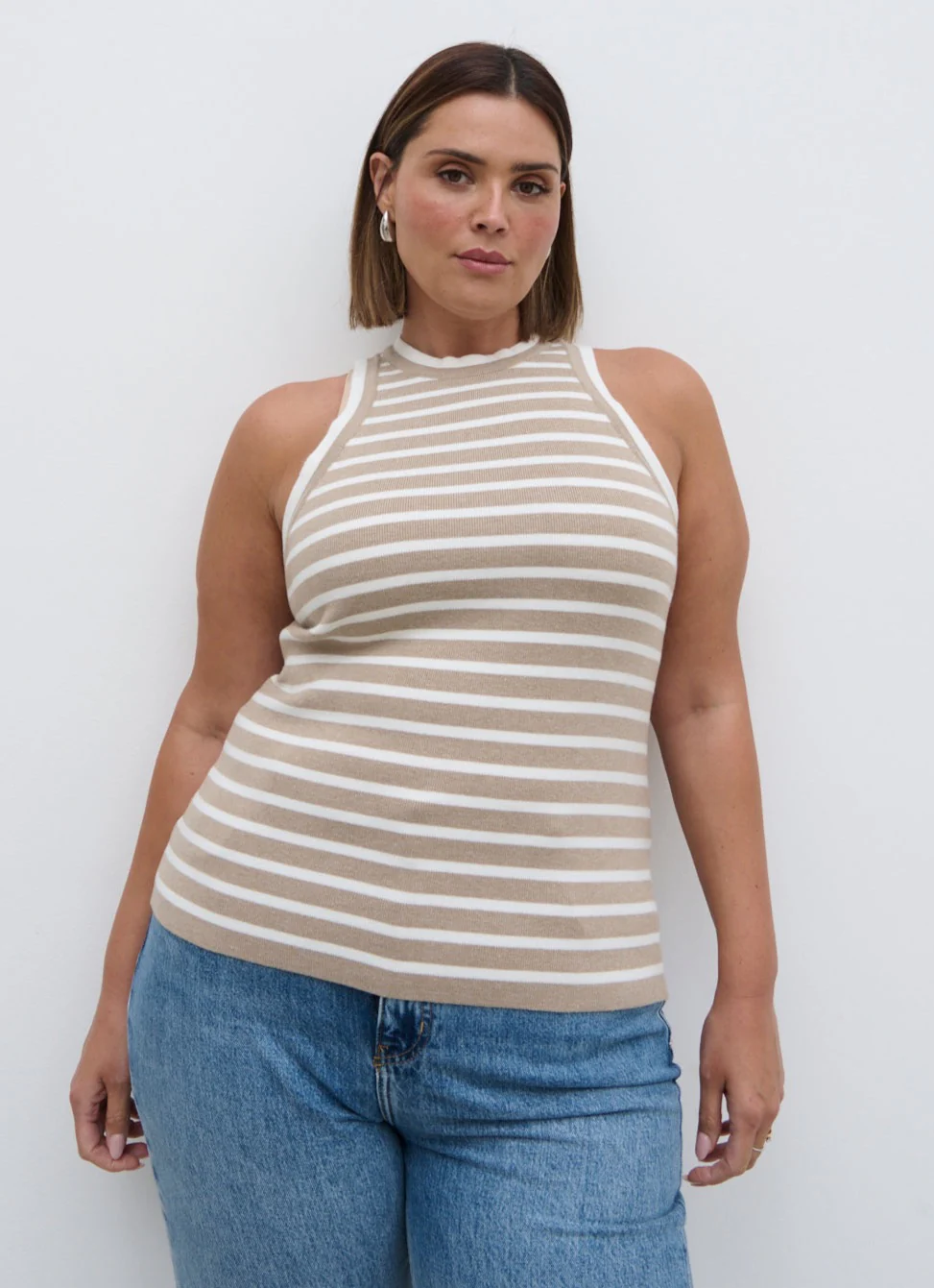 Ferne Stripe Knit Racer Top Curve - Beige and Cream Stripe - Image 2