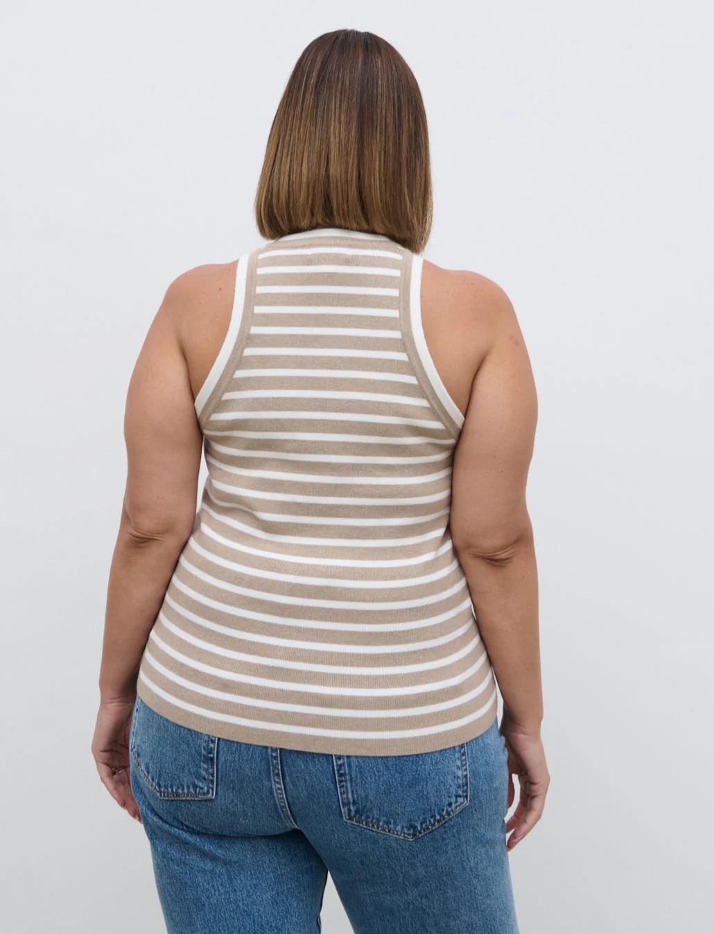 Ferne Stripe Knit Racer Top Curve - Beige and Cream Stripe - Image 3