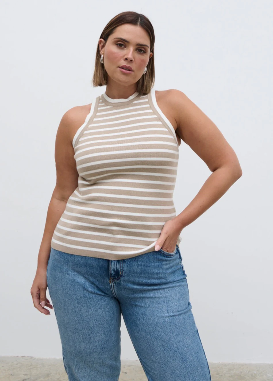 Ferne Stripe Knit Racer Top Curve - Beige and Cream Stripe - Image 4