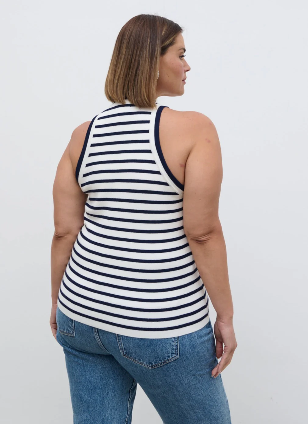 Ferne Stripe Knit Racer Top Curve - Navy and Cream Stripe - Image 3