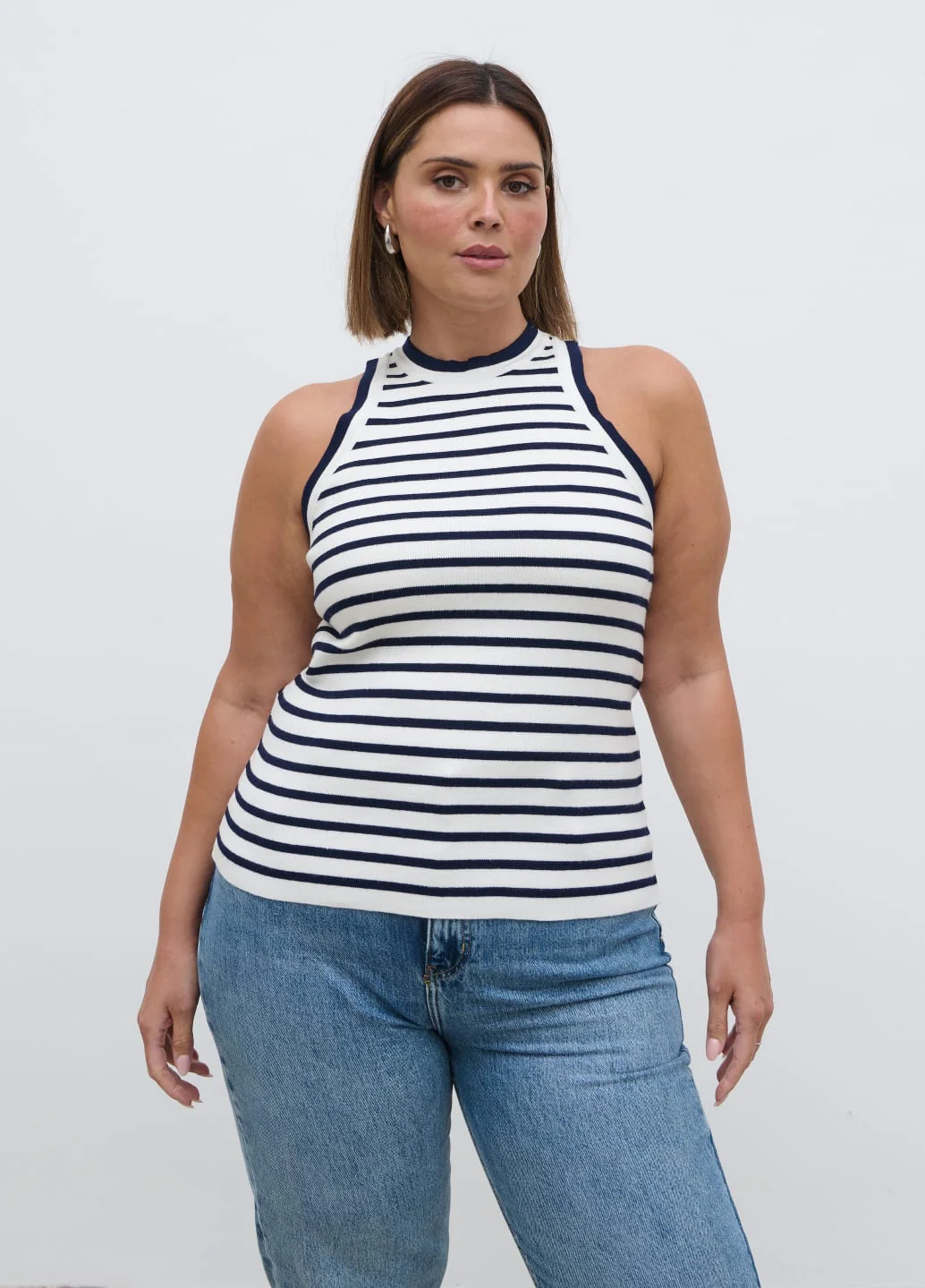 Ferne Stripe Knit Racer Top Curve - Navy and Cream Stripe - Image 4