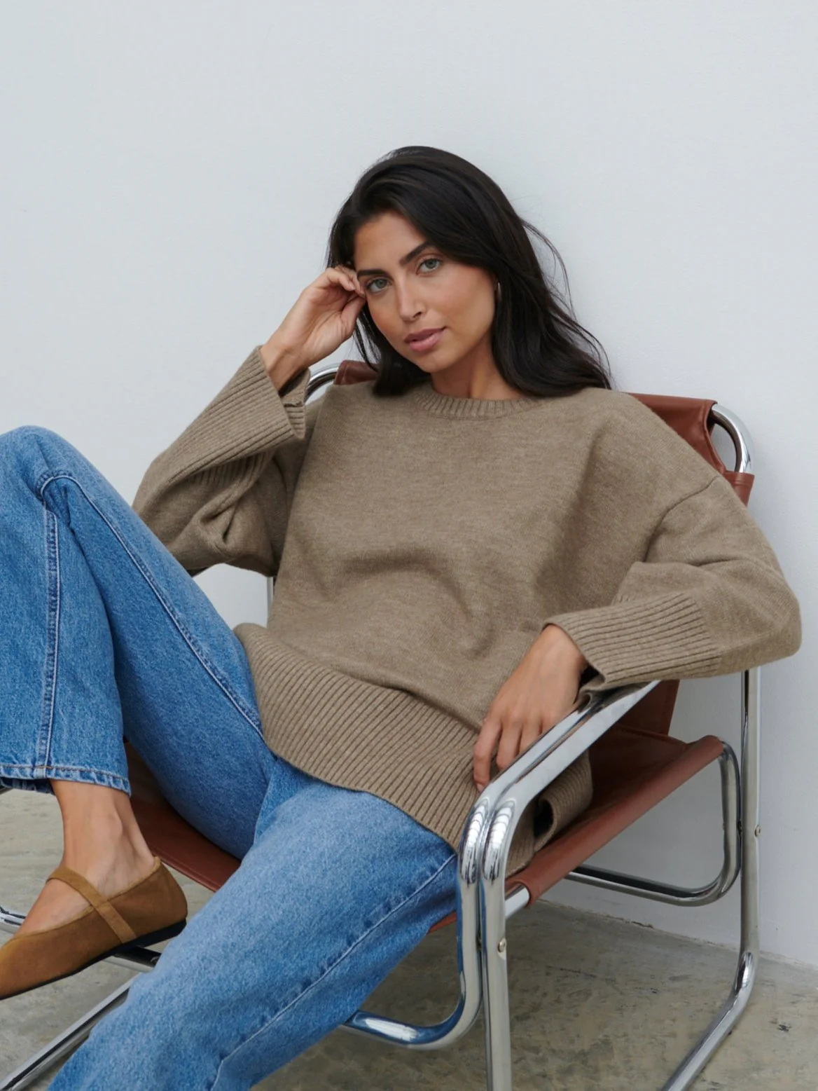 Finnity Slouchy Crew Neck Knit Jumper - Mushroom - Image 4