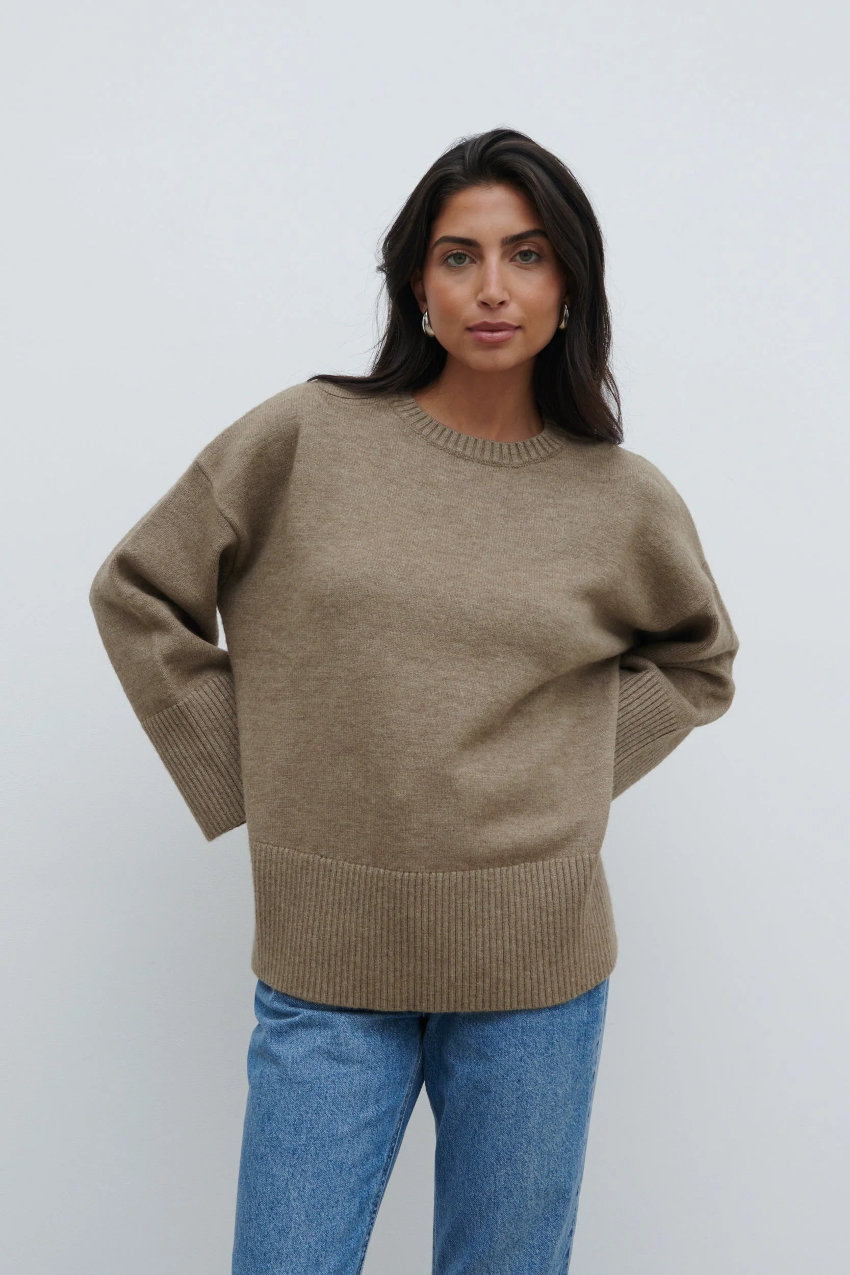 Finnity Slouchy Crew Neck Knit Jumper - Mushroom - Image 6