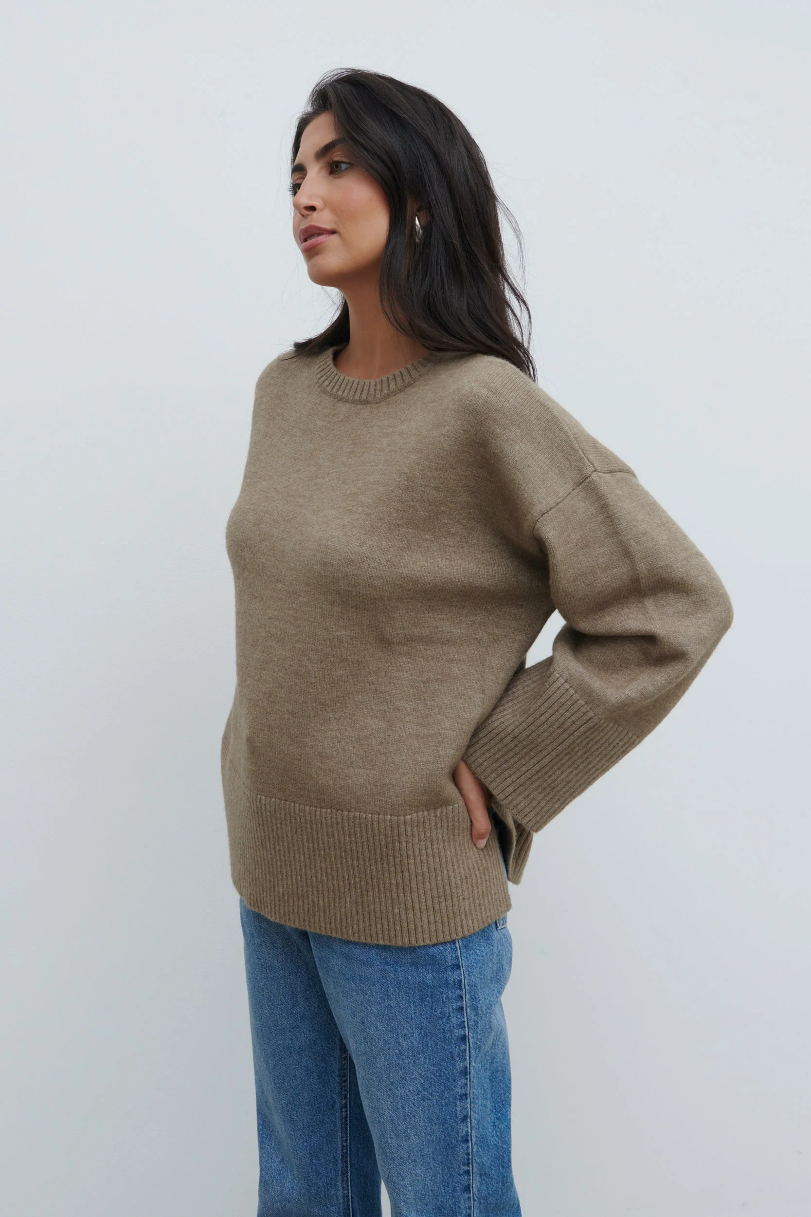 Finnity Slouchy Crew Neck Knit Jumper - Mushroom - Image 7