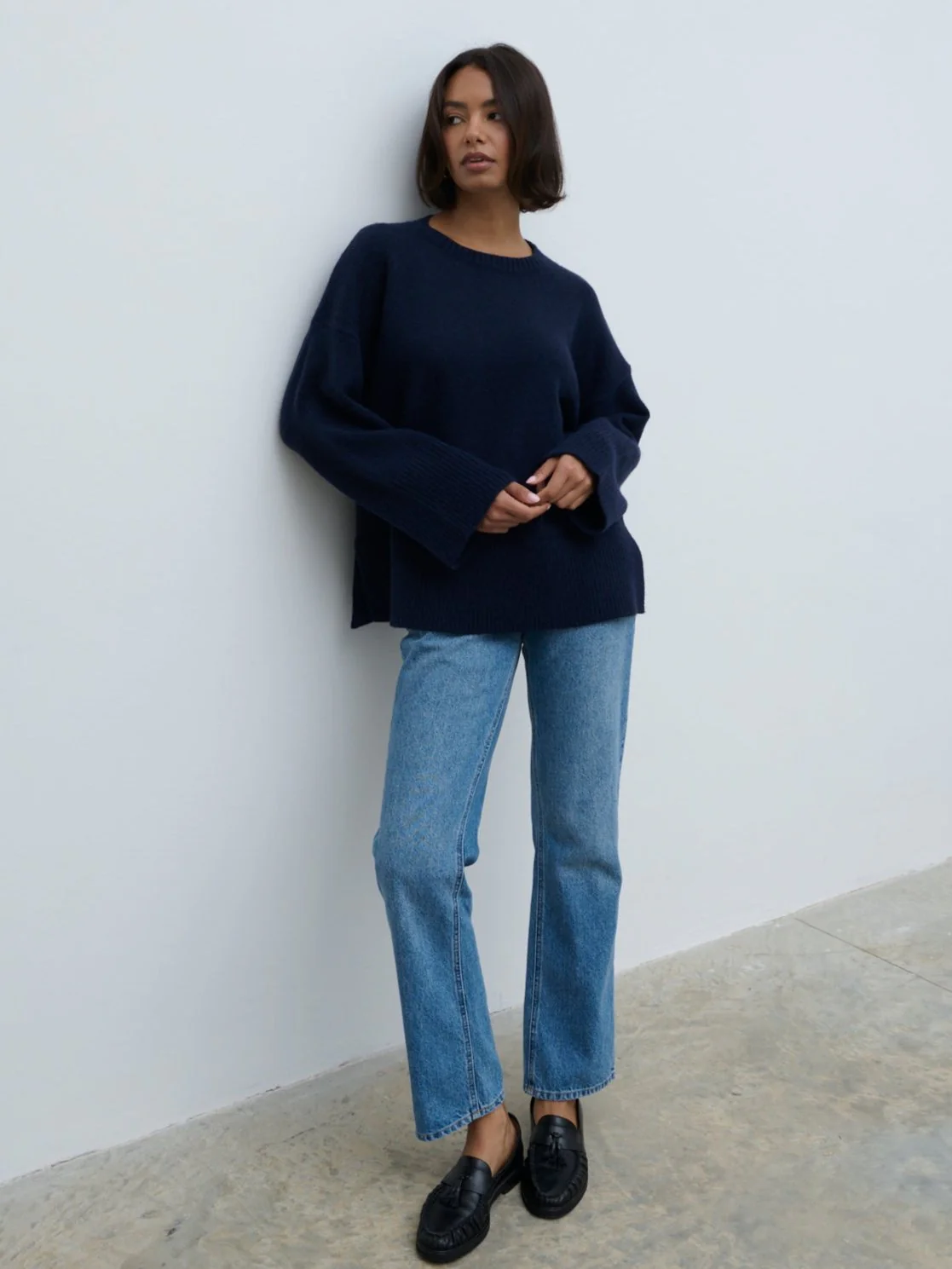 Finnity Slouchy Crew Neck Knit Jumper - Navy - Image 3