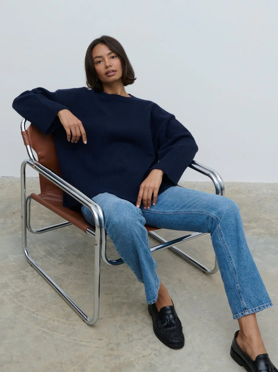 Finnity Slouchy Crew Neck Knit Jumper - Navy - Image 5