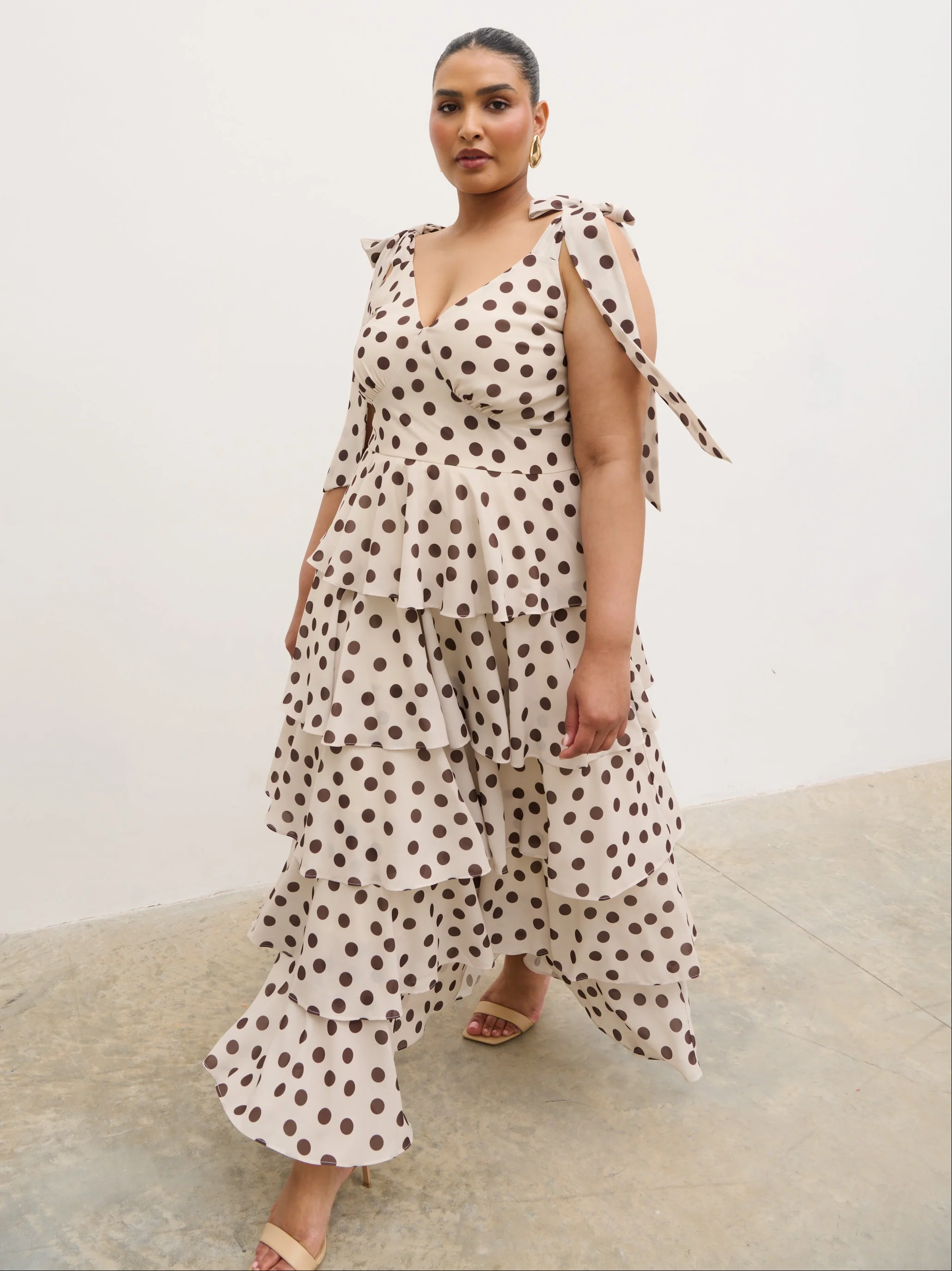 Fiore Tie Ruffle Maxi Dress Curve - Large Brown and Cream Polkadot - Image 2