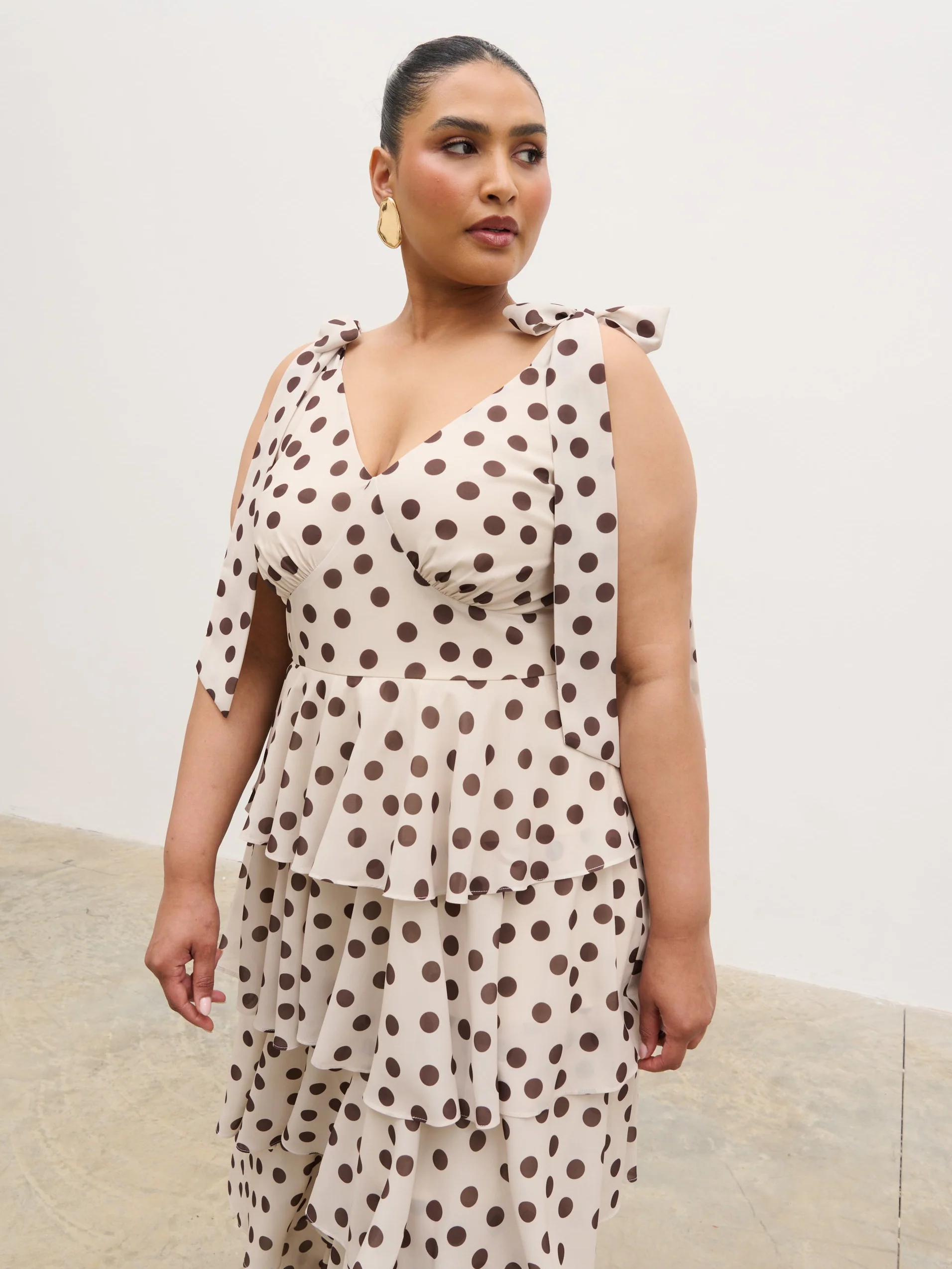 Fiore Tie Ruffle Maxi Dress Curve - Large Brown and Cream Polkadot - Image 3