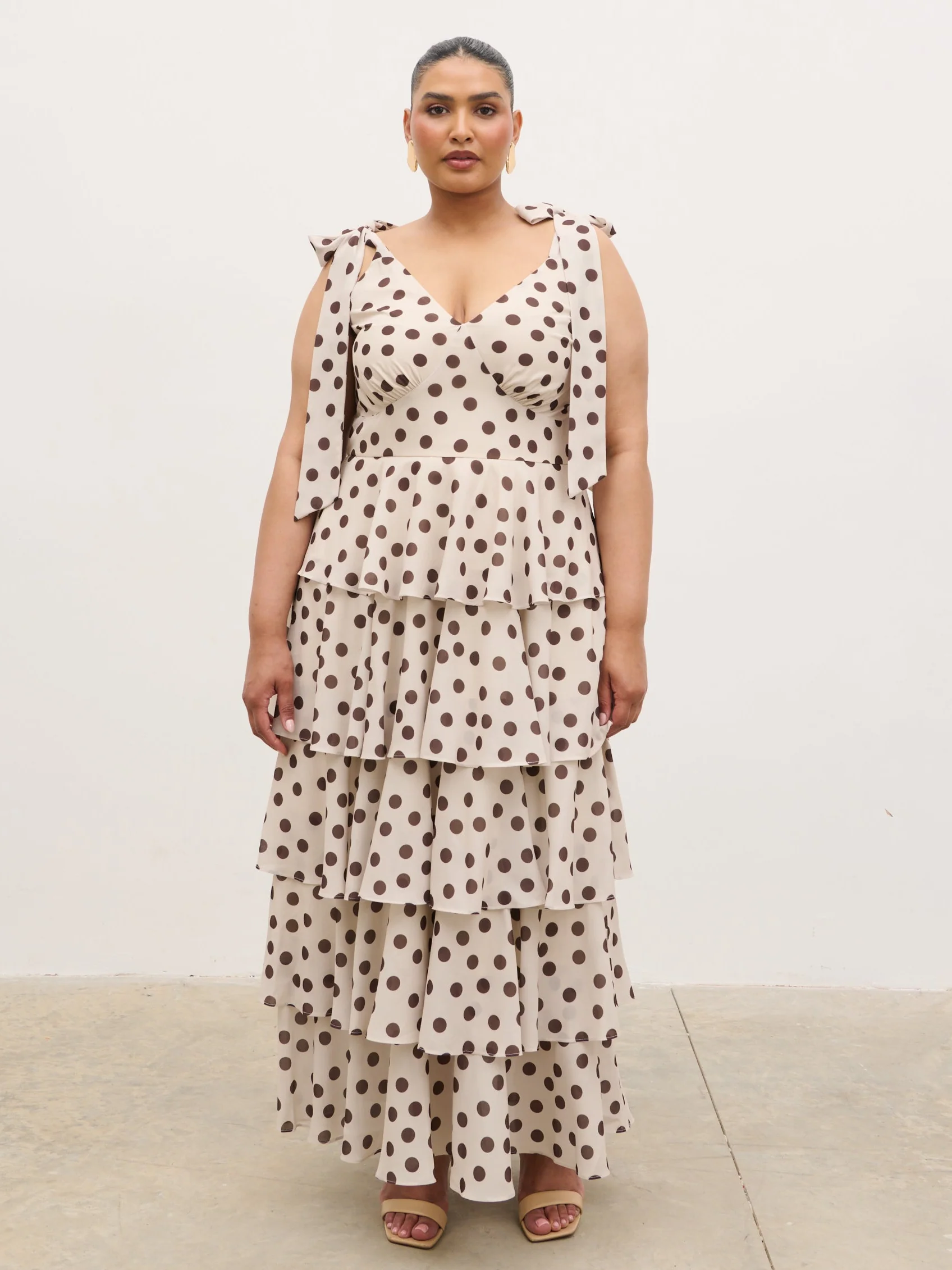Fiore Tie Ruffle Maxi Dress Curve - Large Brown and Cream Polkadot - Image 4