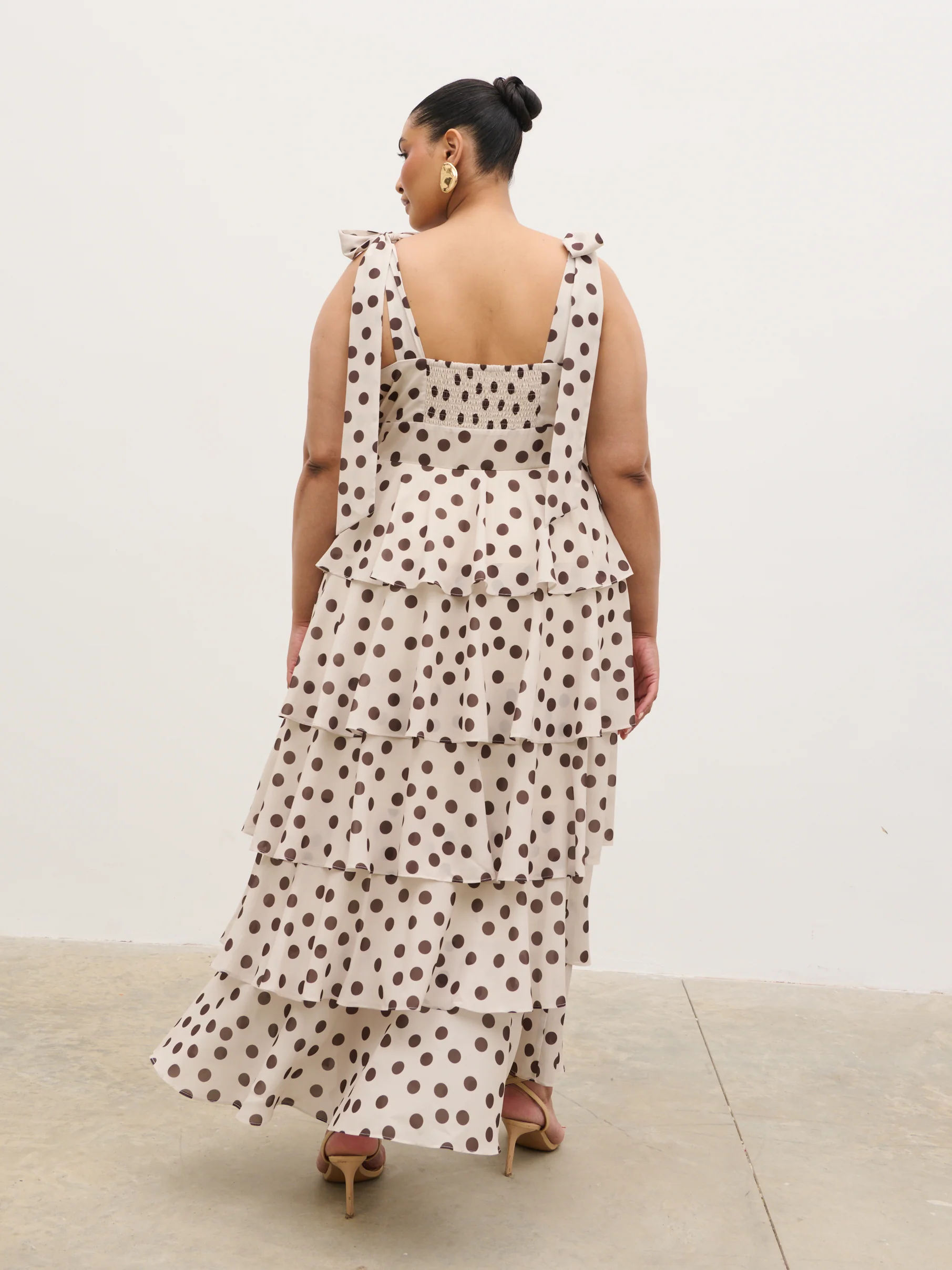 Fiore Tie Ruffle Maxi Dress Curve - Large Brown and Cream Polkadot - Image 5