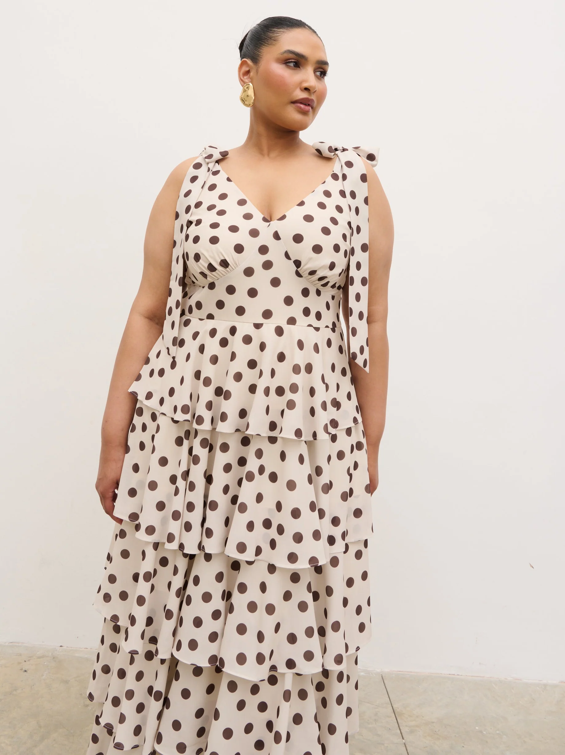 Fiore Tie Ruffle Maxi Dress Curve - Large Brown and Cream Polkadot - Image 6