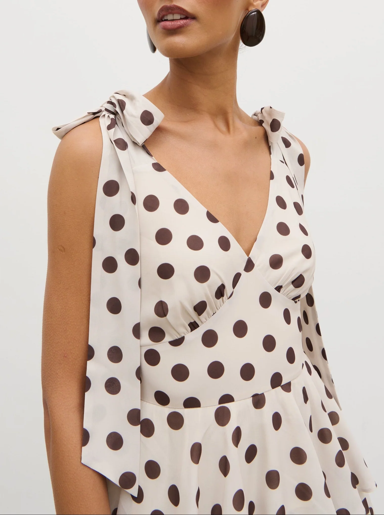 Fiore Tie Ruffle Maxi Dress - Large Brown and Cream Polkadot - Image 2