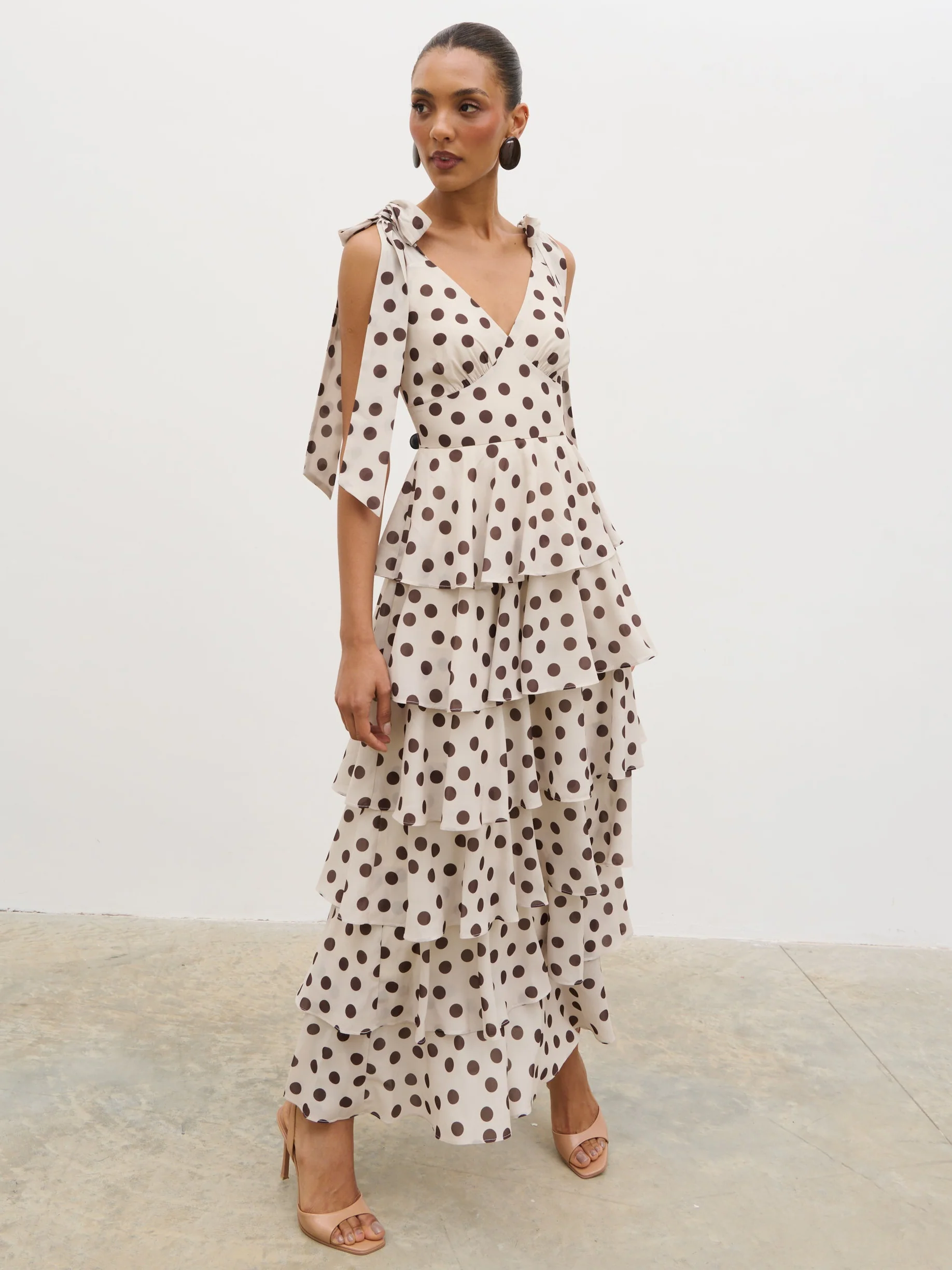 Fiore Tie Ruffle Maxi Dress - Large Brown and Cream Polkadot - Image 3